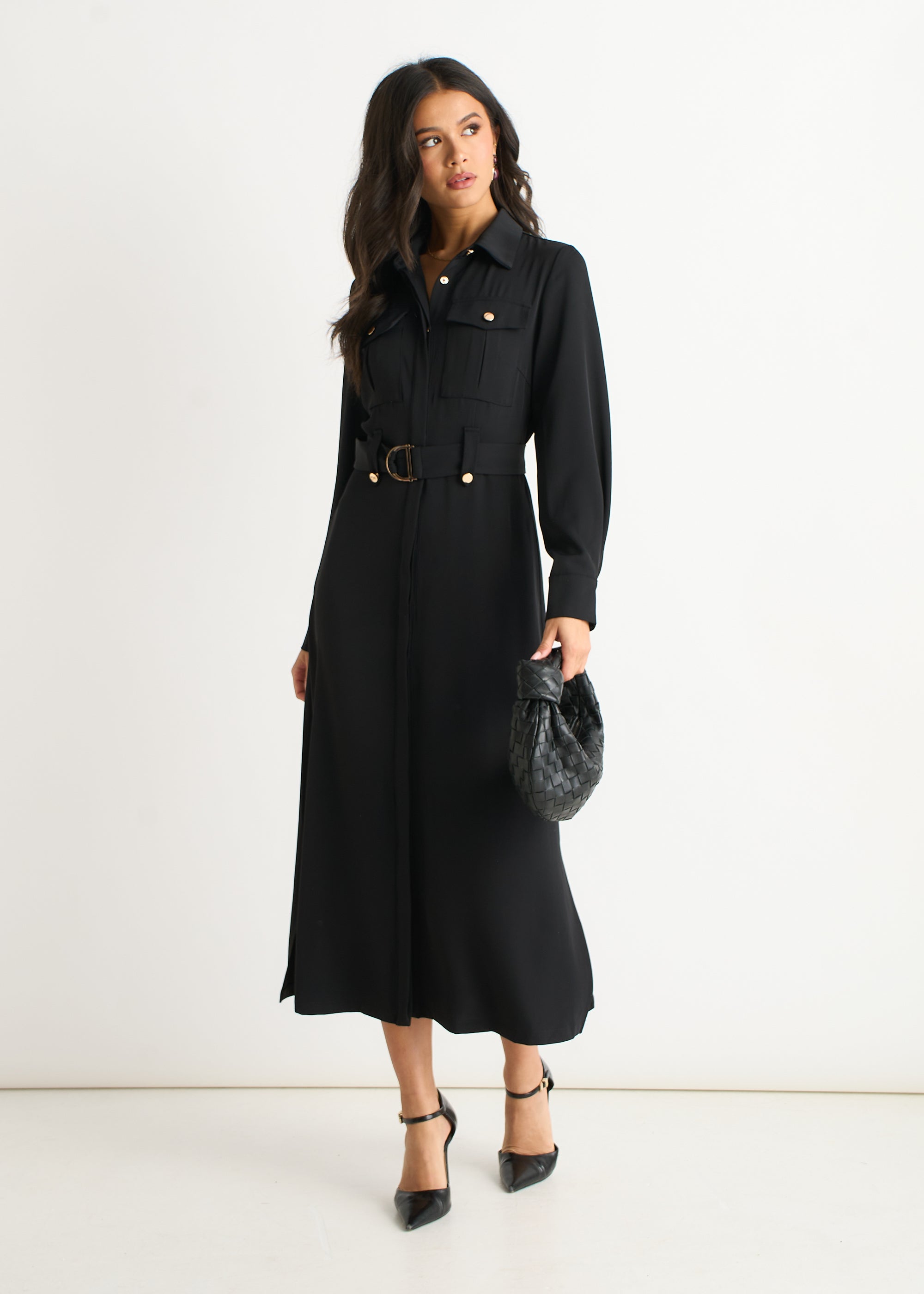 Black Luxe Gold Button Utility Shirt Dress