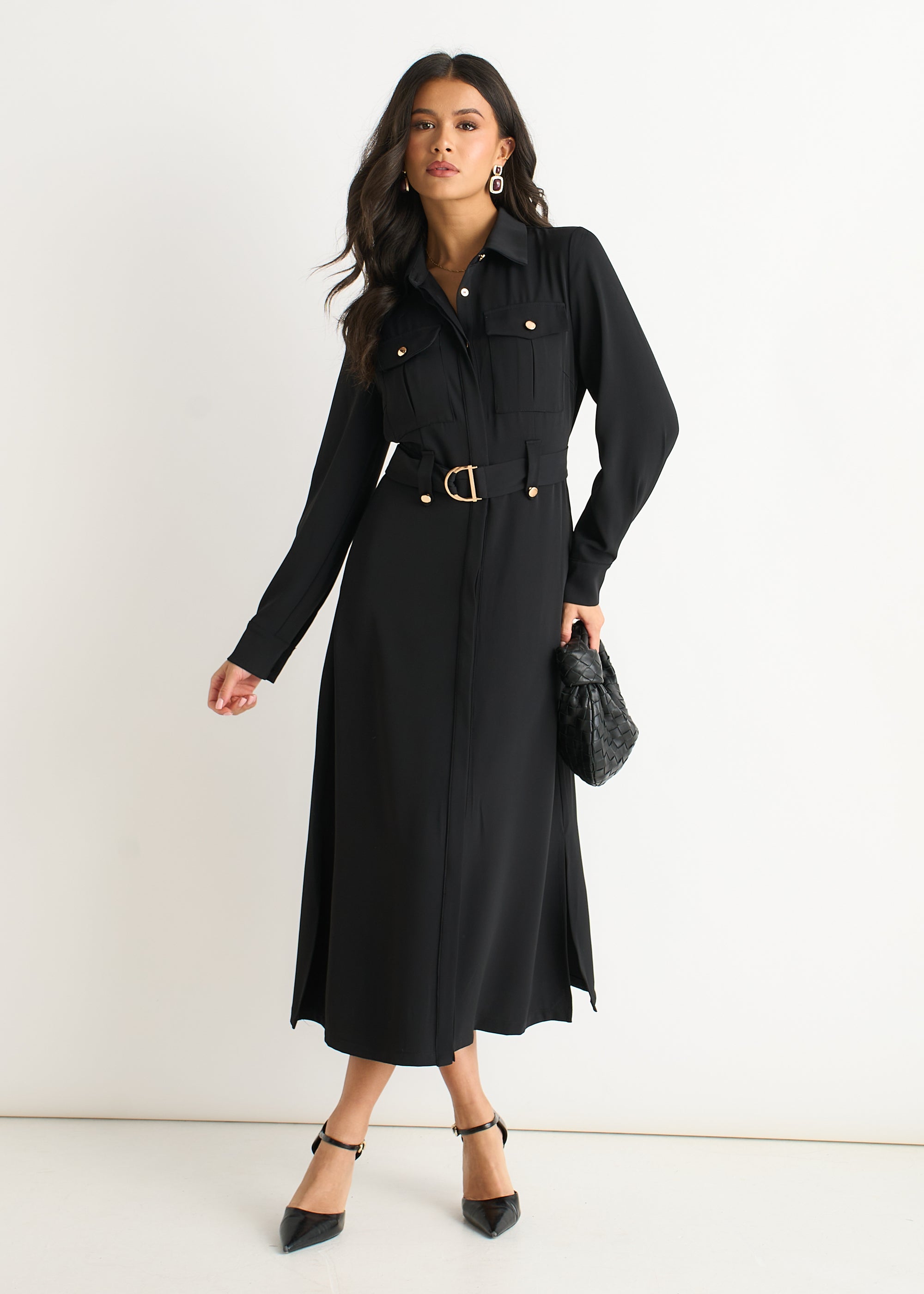 Black Luxe Gold Button Utility Shirt Dress