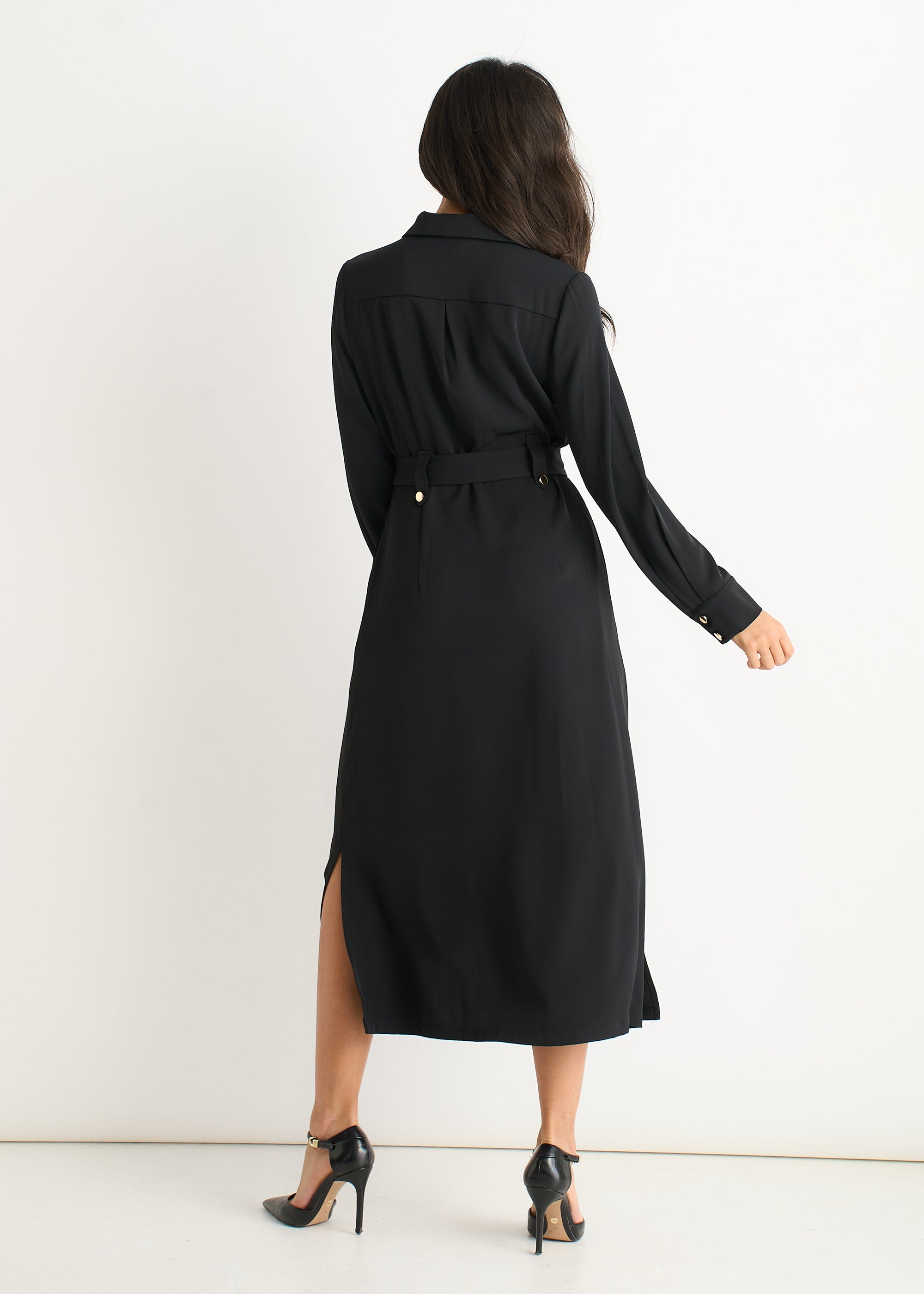 Black Luxe Gold Button Utility Shirt Dress