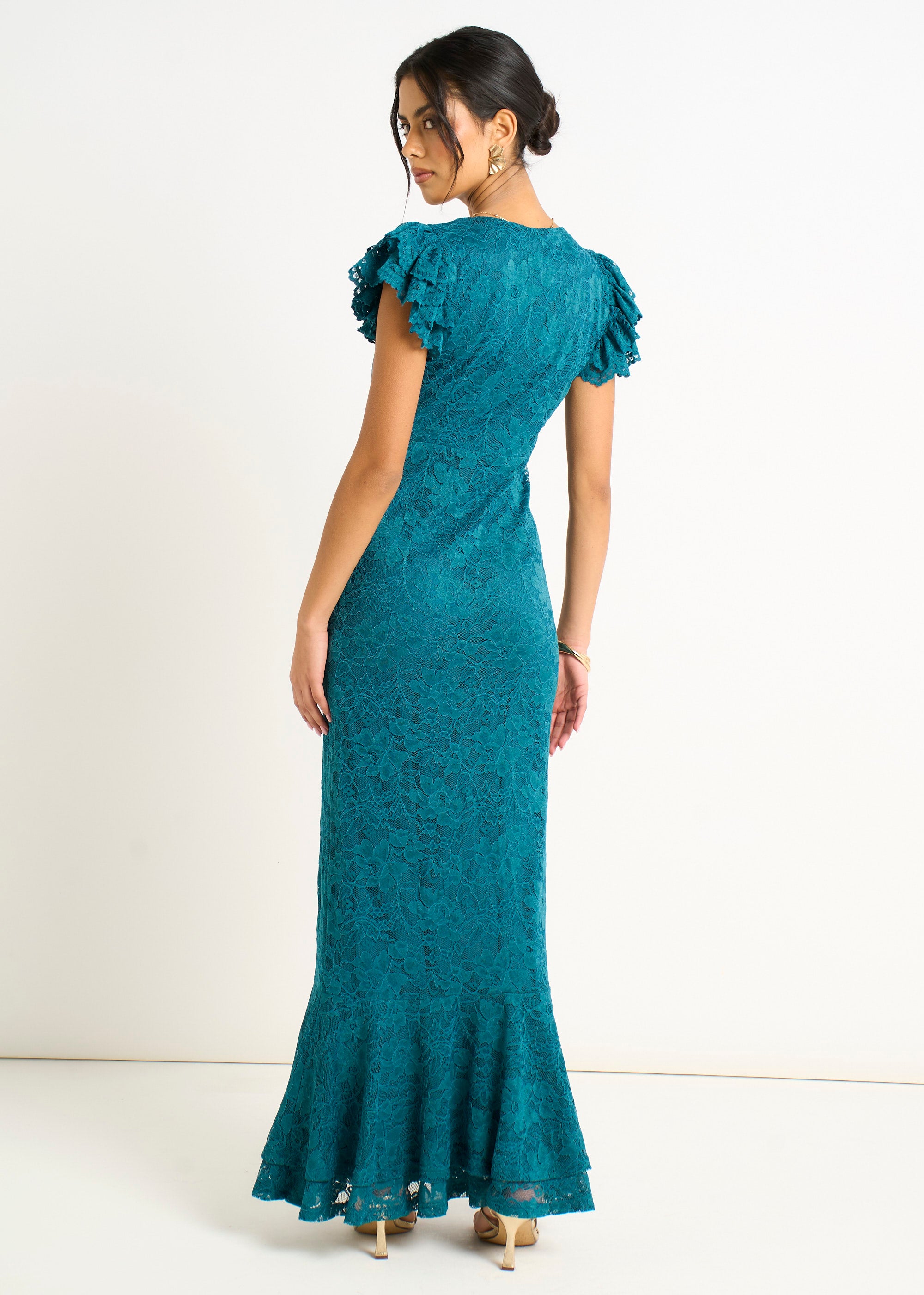 Teal Jersey Lace V Neck Ruffle Maxi Dress
