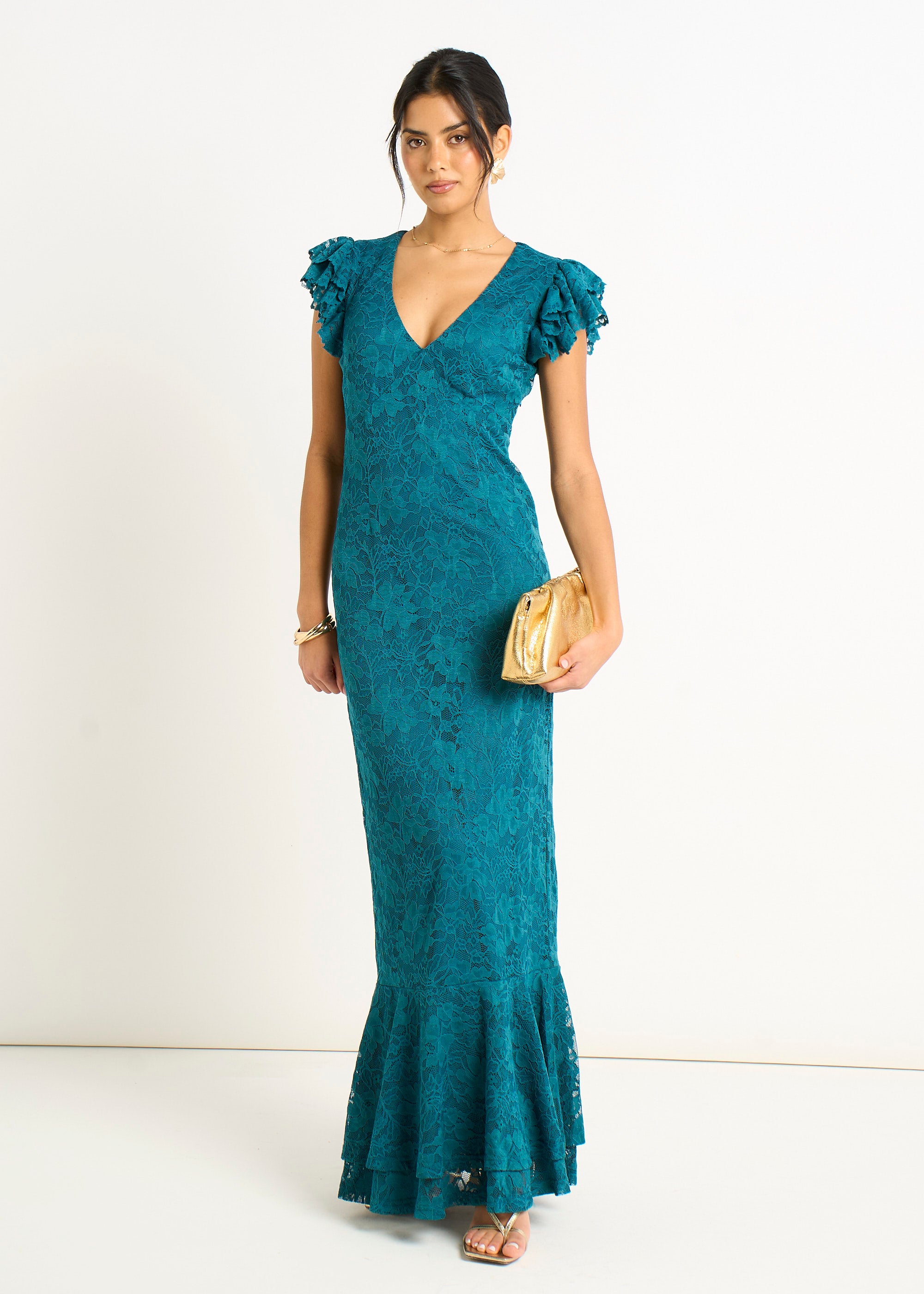 Teal Jersey Lace V Neck Ruffle Maxi Dress