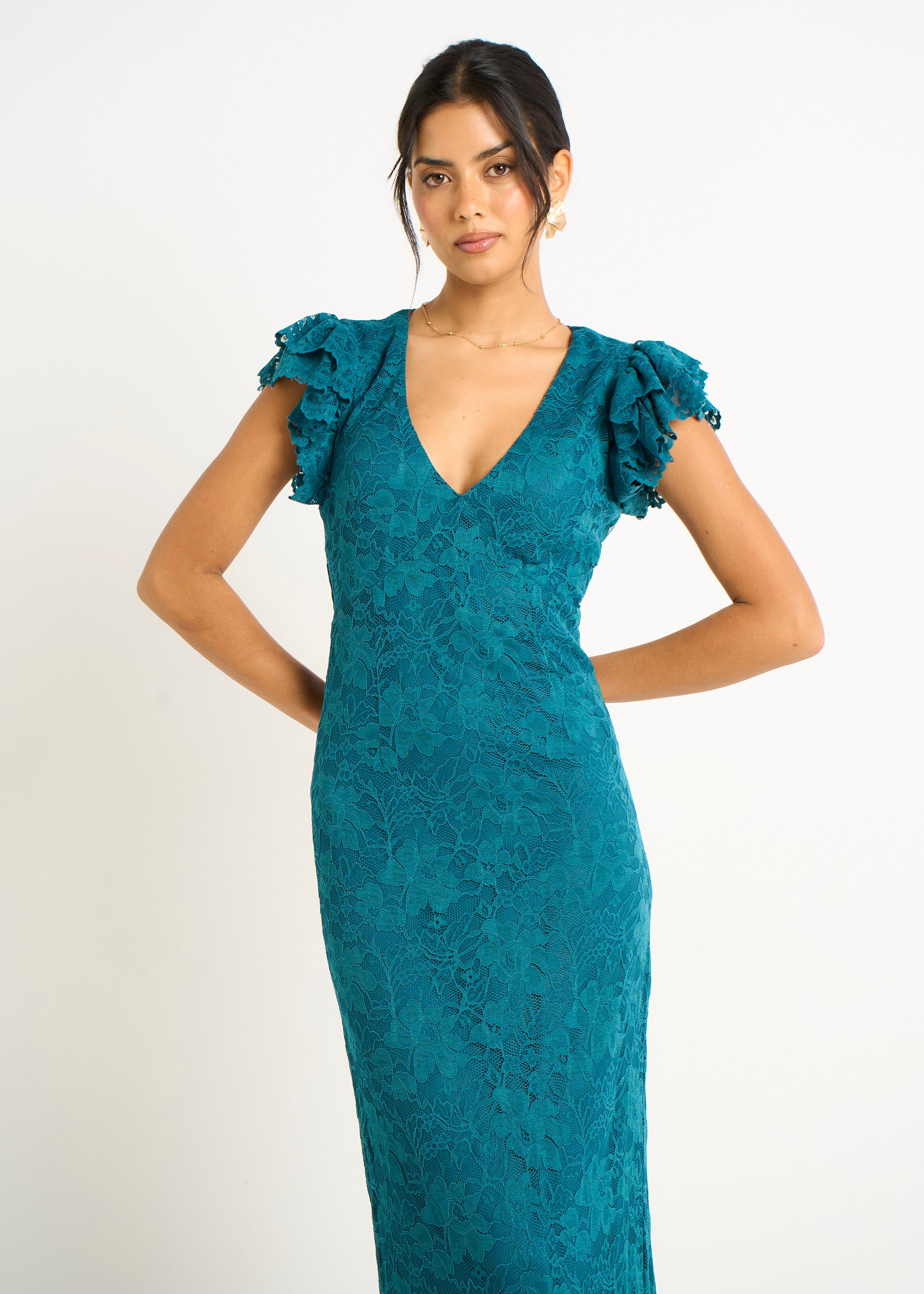 Teal Jersey Lace V Neck Ruffle Maxi Dress