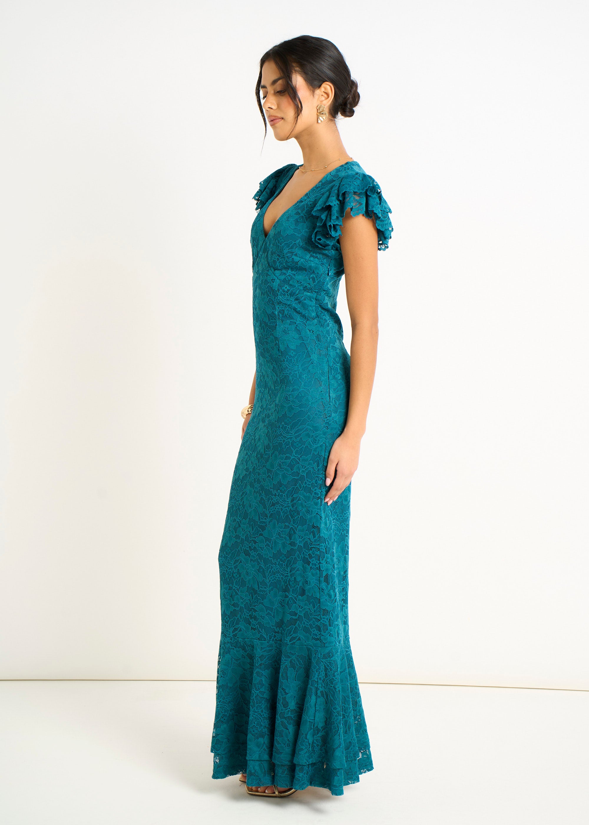 Teal Jersey Lace V Neck Ruffle Maxi Dress