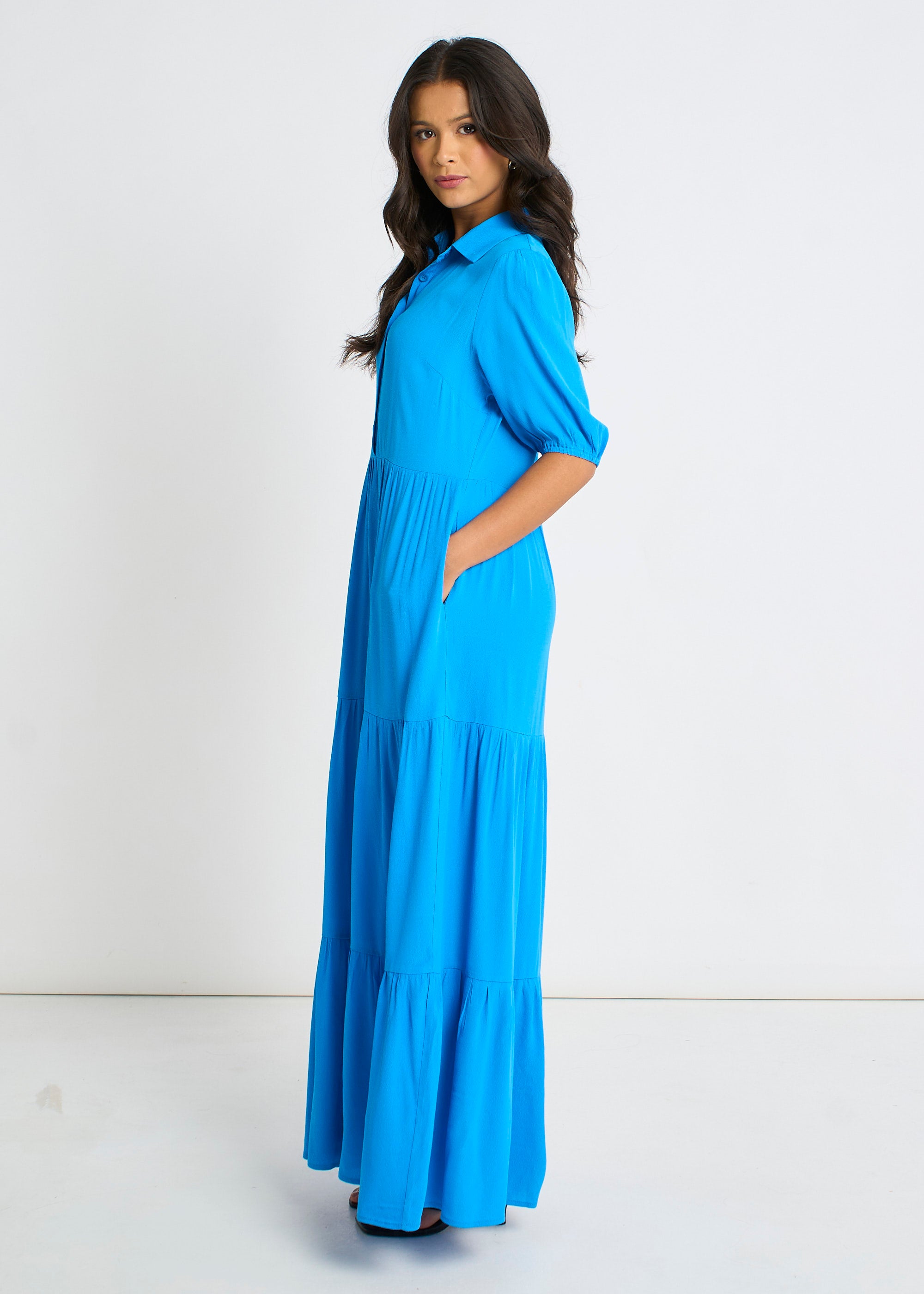 Blue Button Through Skater Maxi Dress