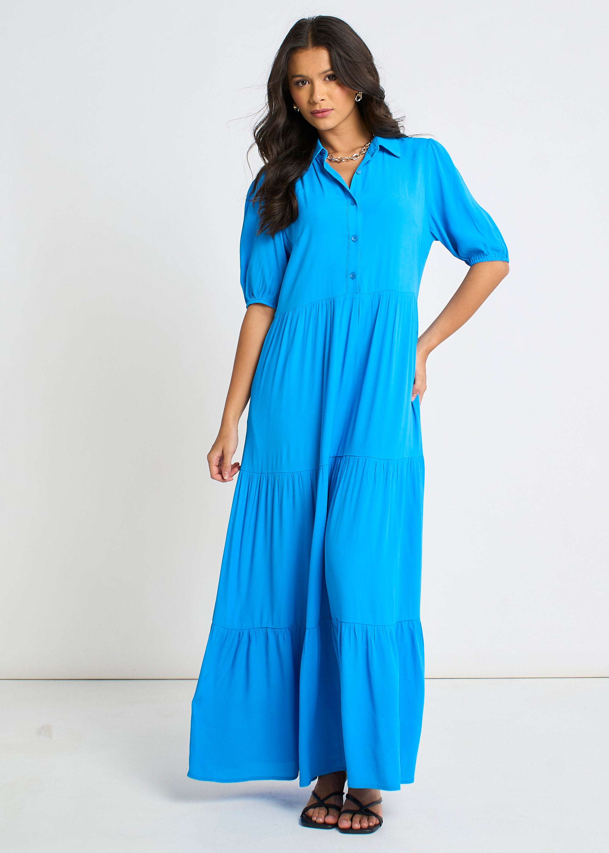 Blue Button Through Skater Maxi Dress