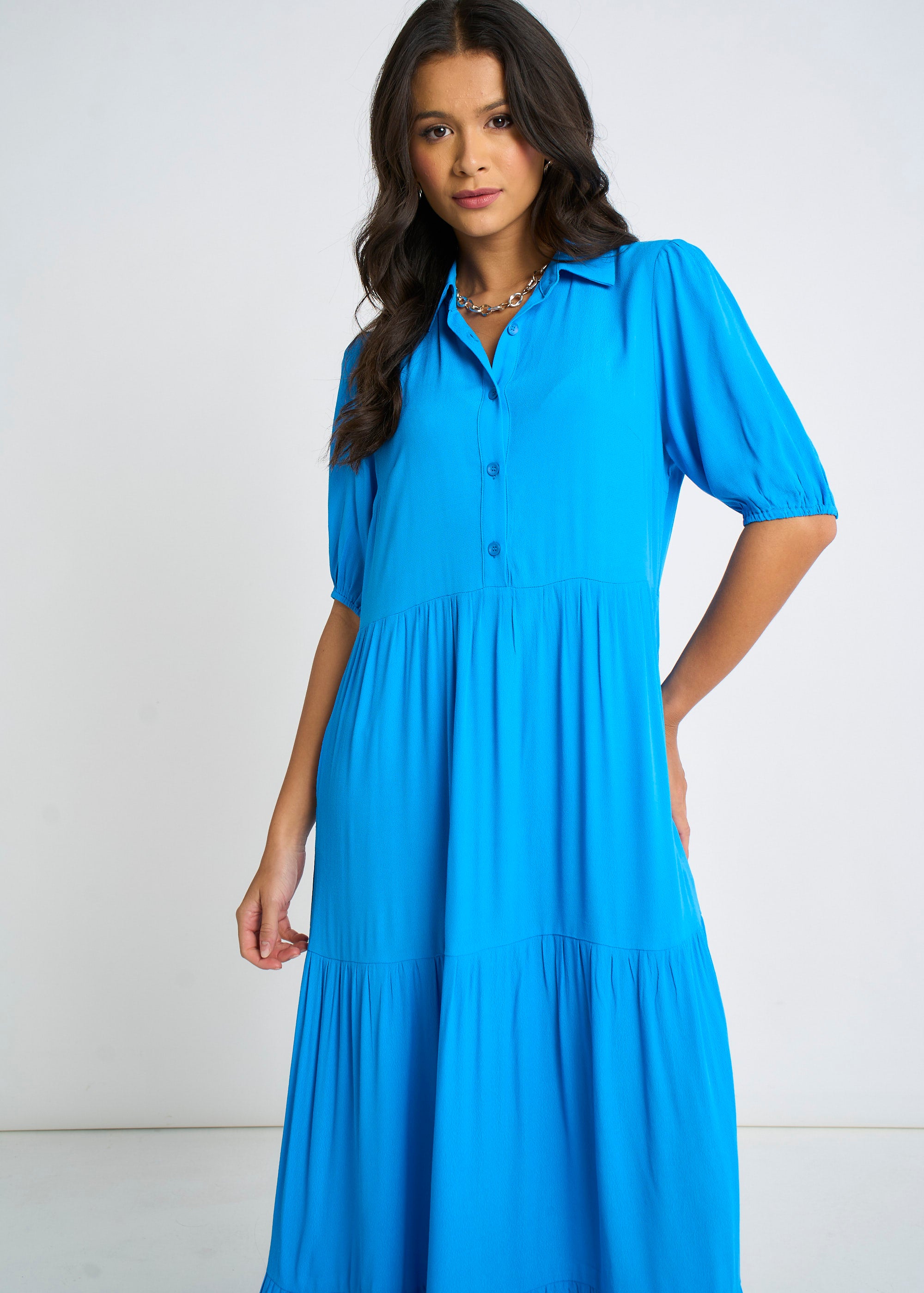 Blue Button Through Skater Maxi Dress