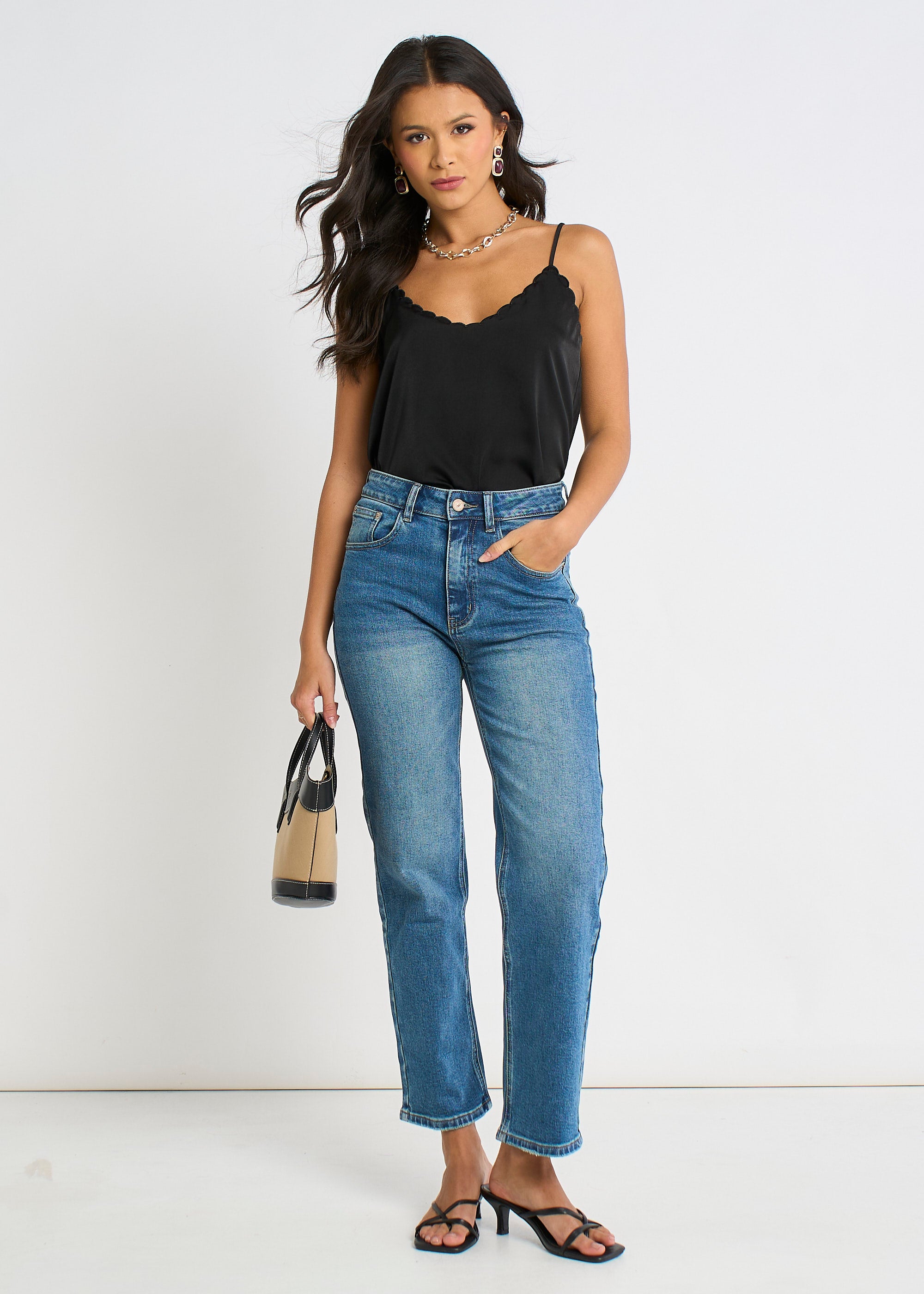 Black Scallop Trim Satin Cami Top