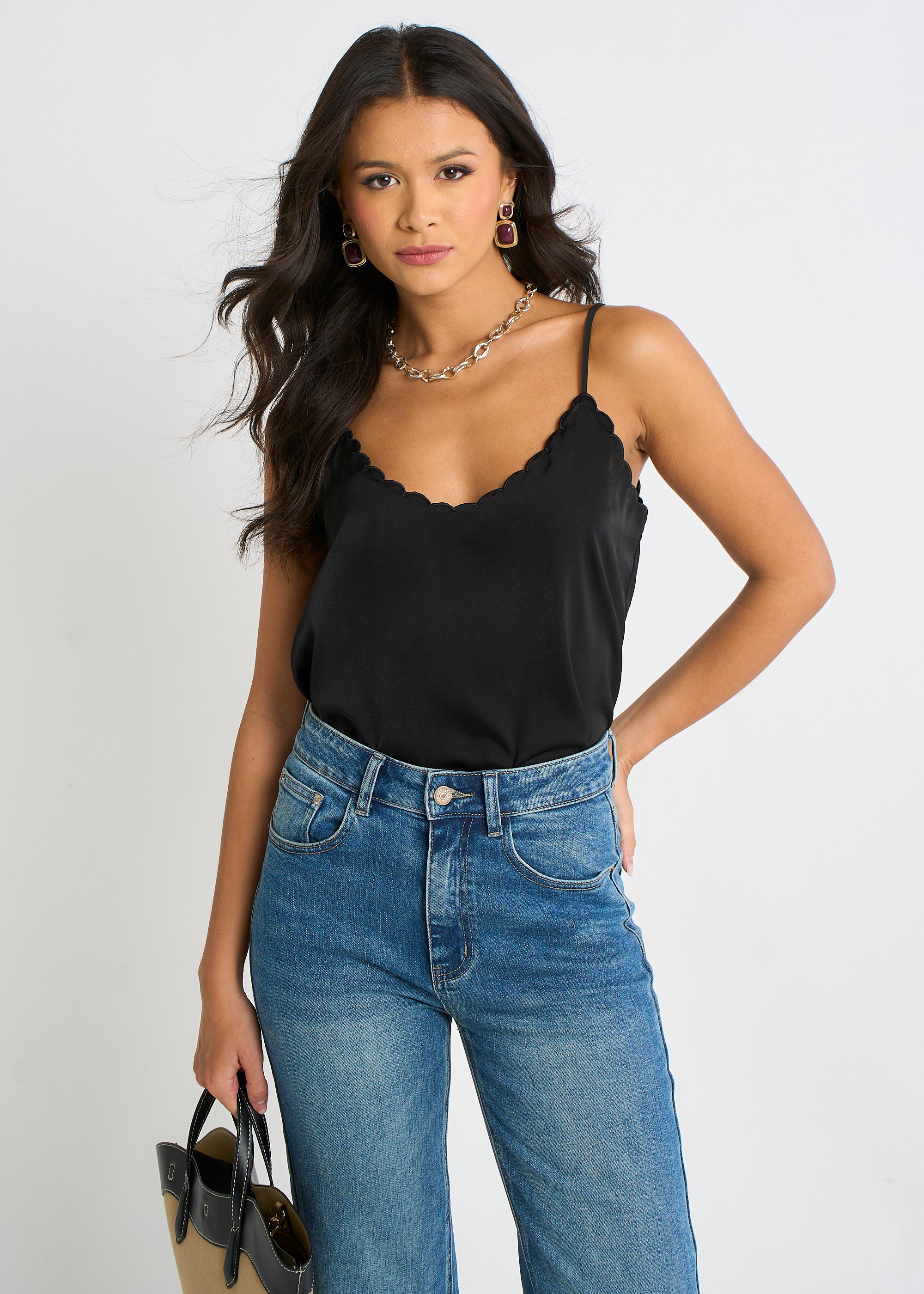 Black Scallop Trim Satin Cami Top