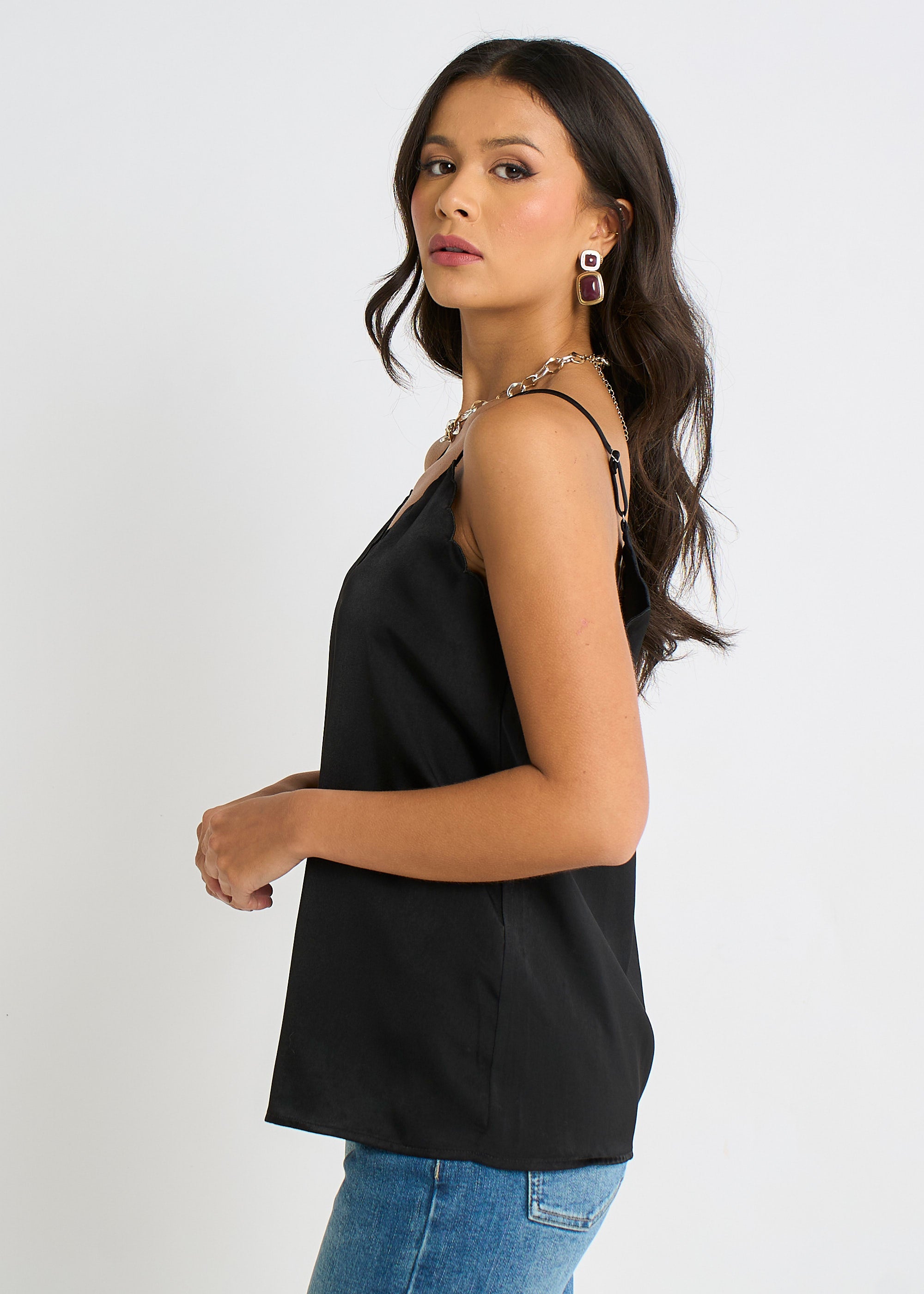 Black Scallop Trim Satin Cami Top