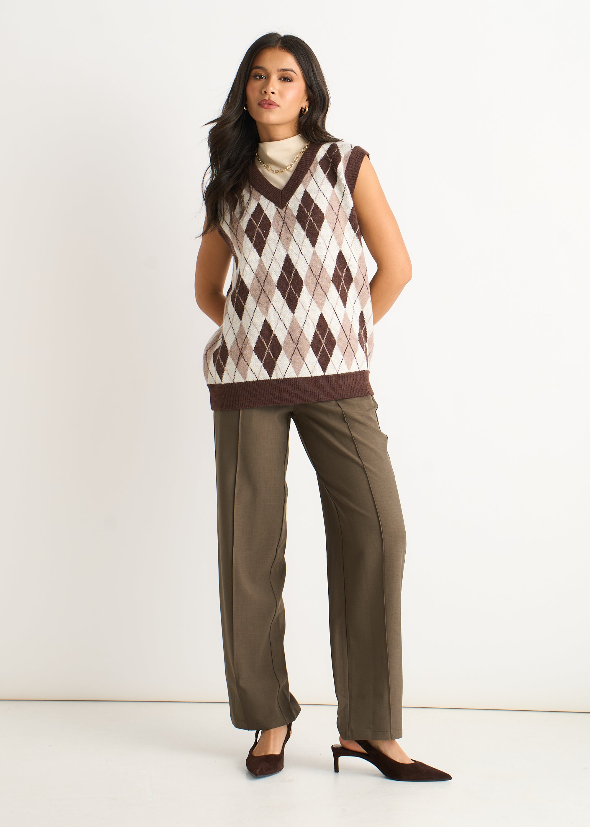 Chocolate Argyle Knit Vest Jumper