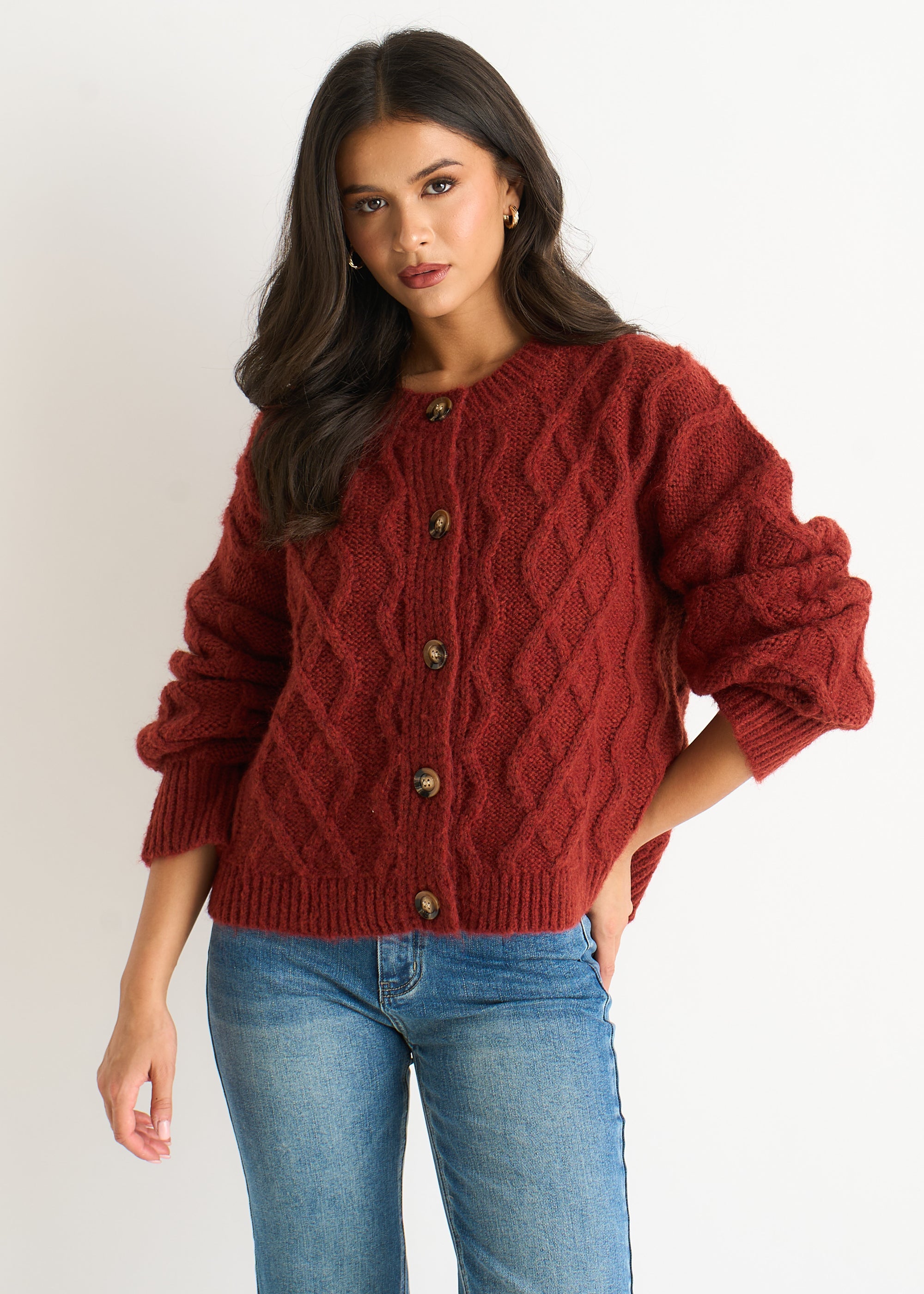 Rust Cable Knit Cardigan
