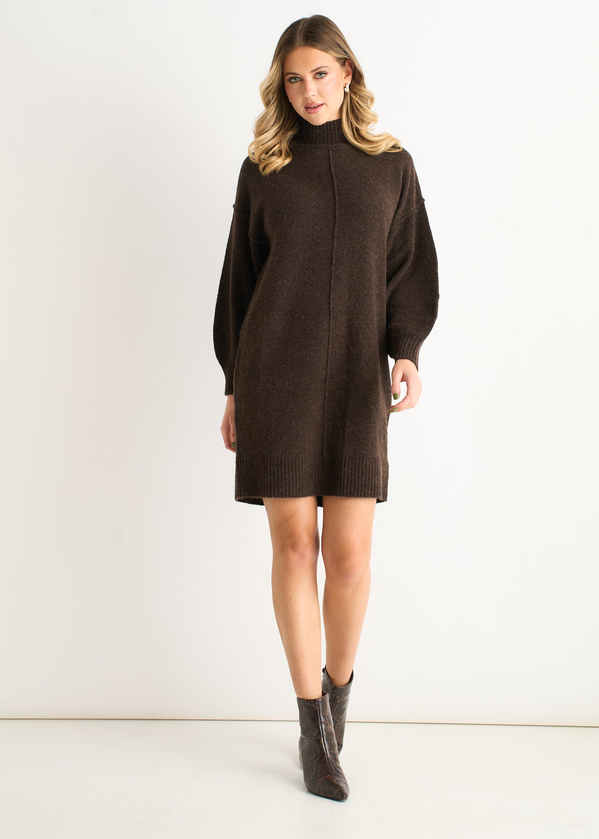 Brown Crew Neck Knitted Shift Dress