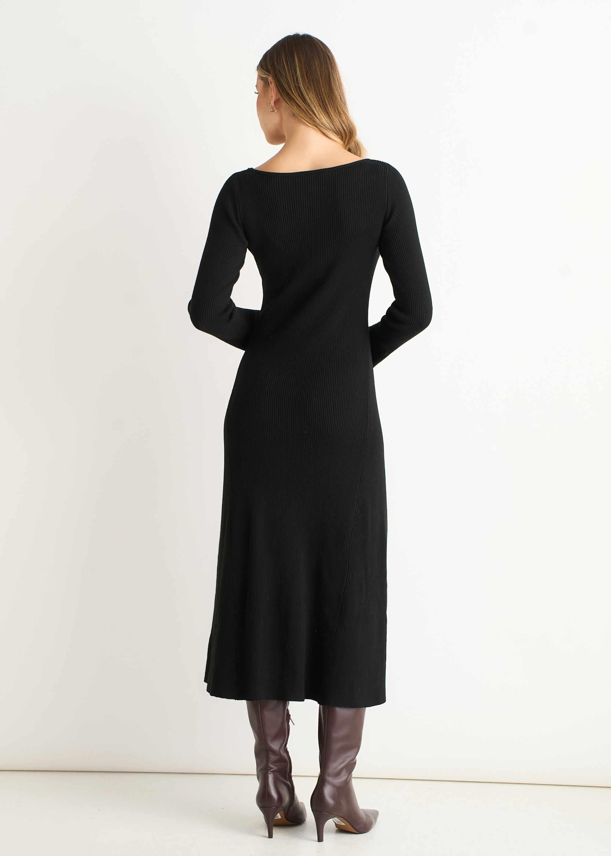 Black Slash Neck Knitted Fit & Flare Dress