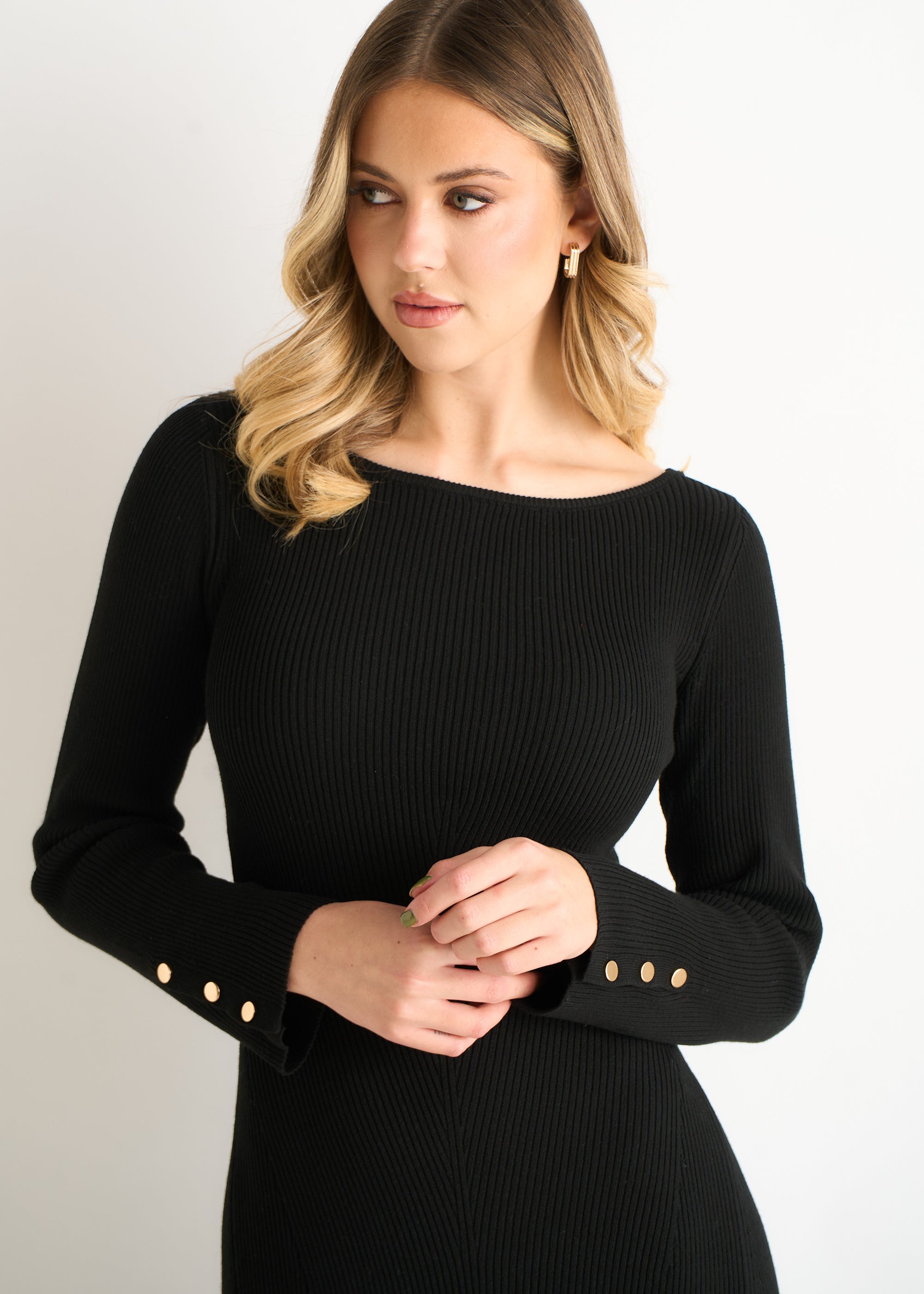 Black Slash Neck Knitted Fit & Flare Dress