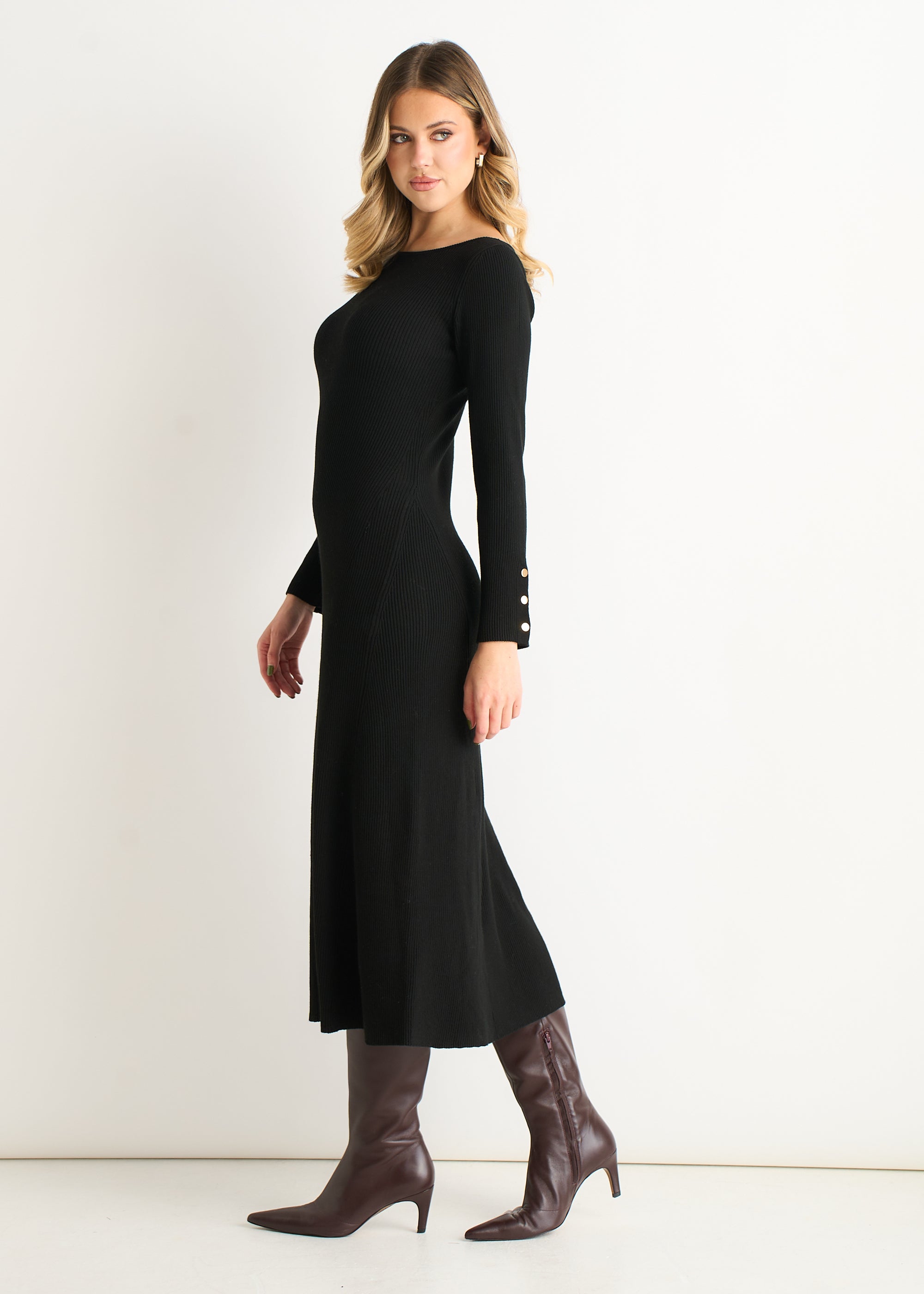 Black Slash Neck Knitted Fit & Flare Dress