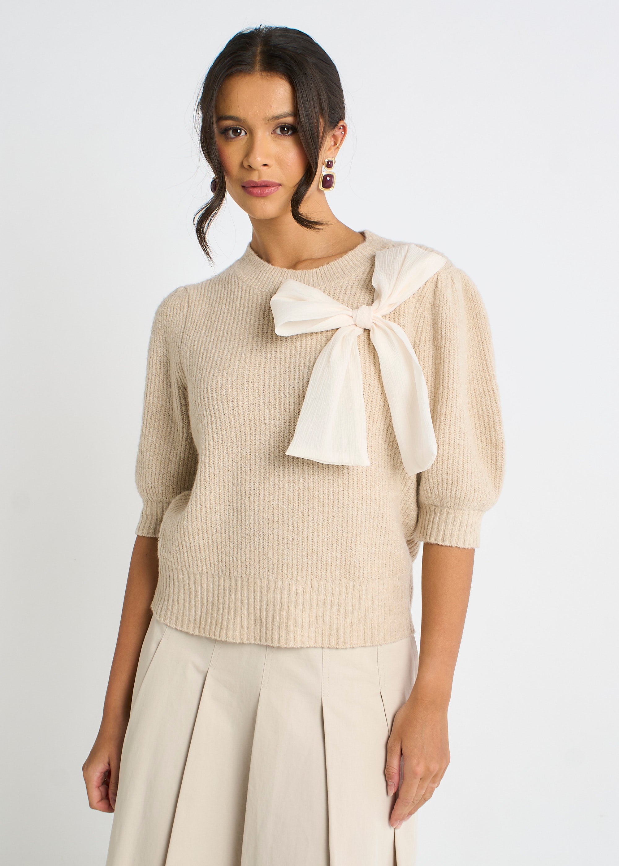 Mocha Chiffon Bow Knitted Jumper