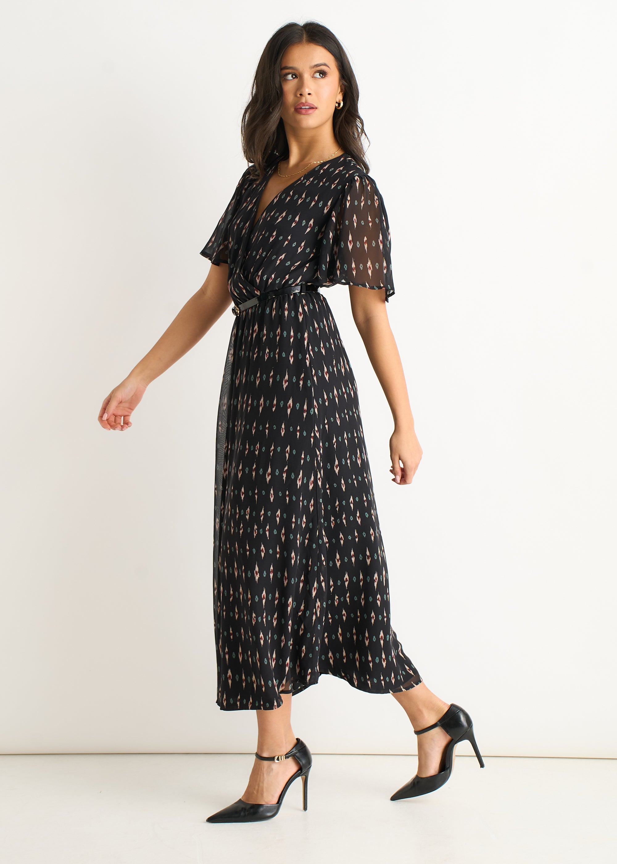 Black Geo Wrap Front Silk Fit & Flare Midi Dress