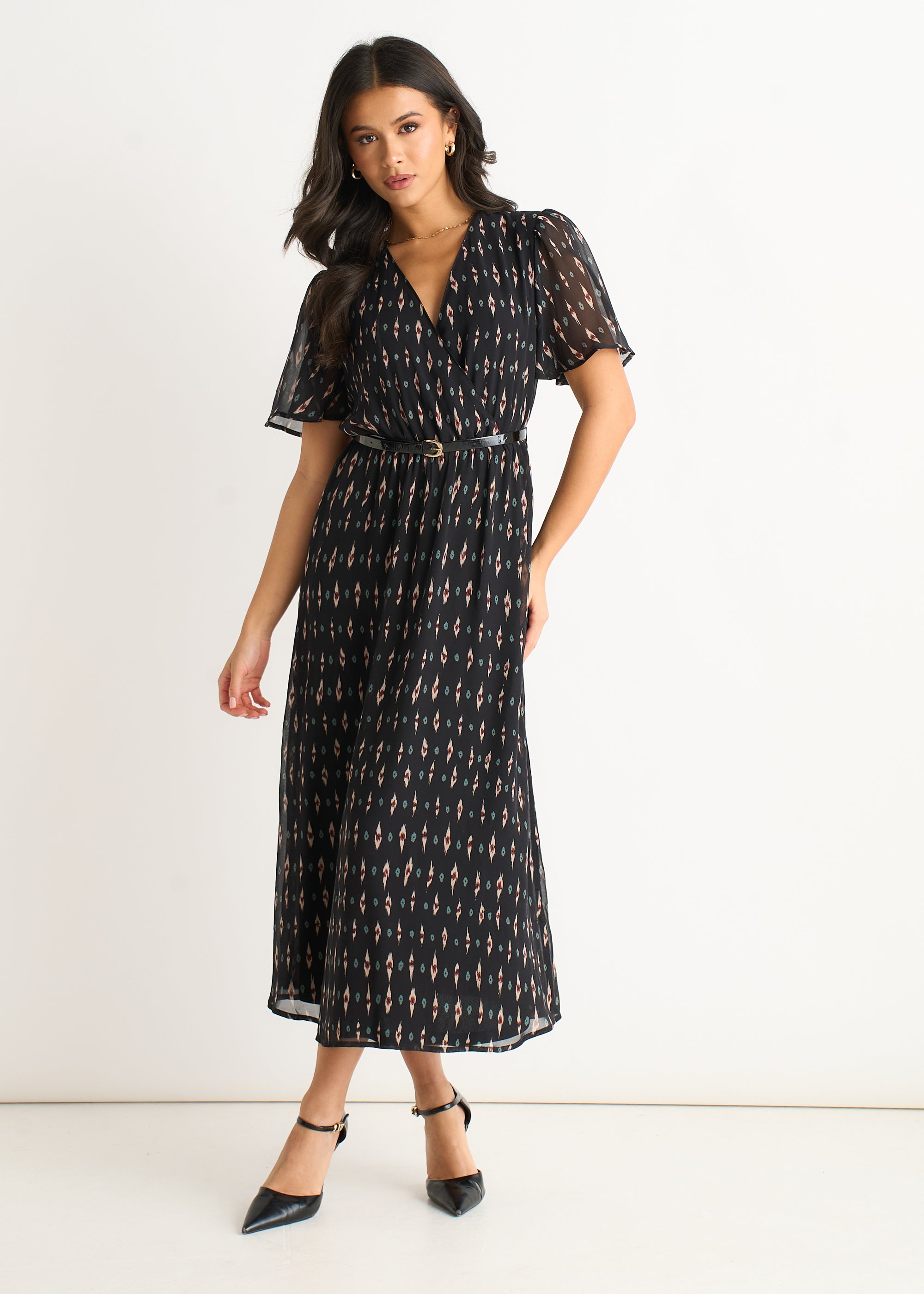 Black Geo Wrap Front Silk Fit & Flare Midi Dress