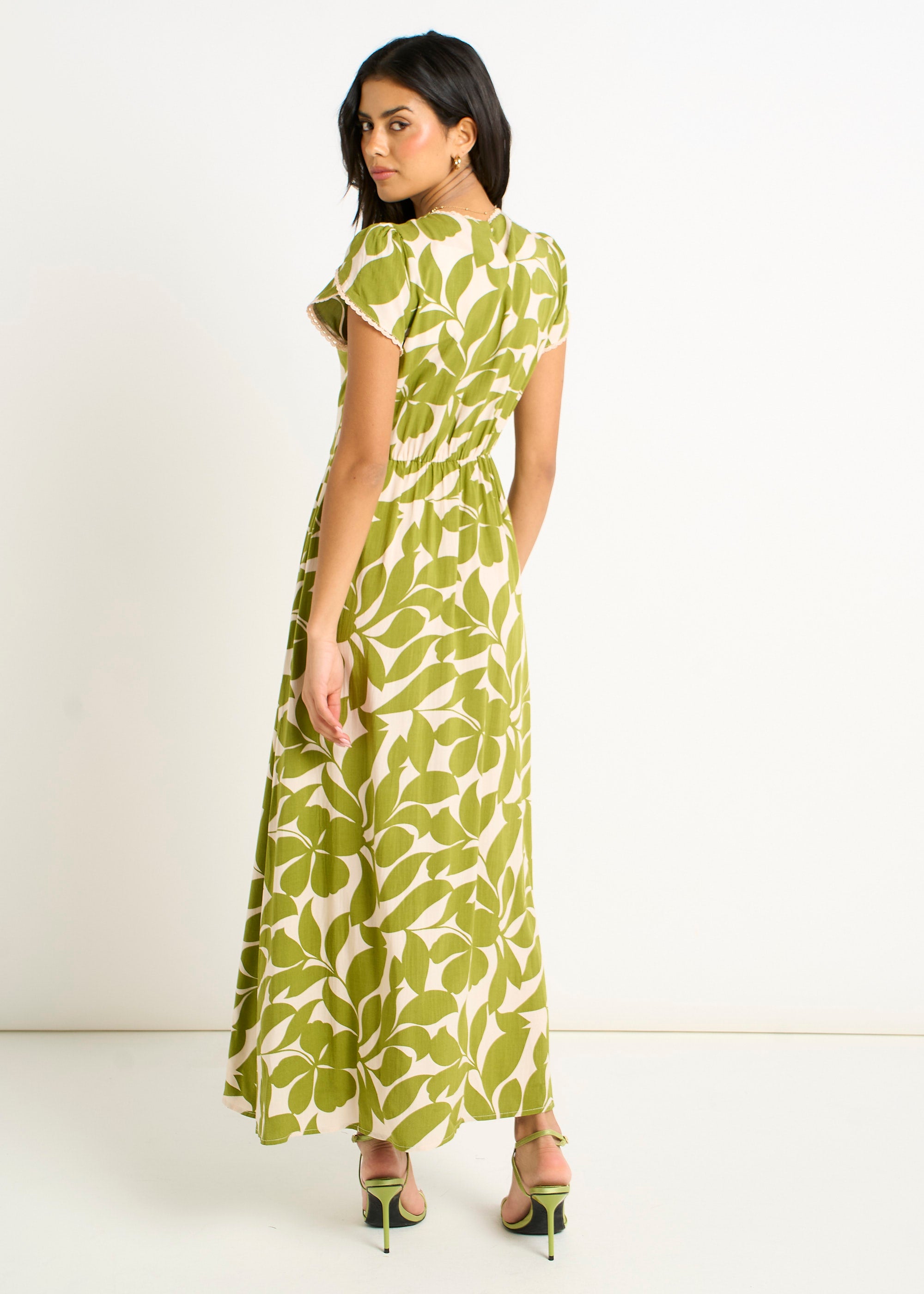 Green Petal Cuff Elasticated Waist Maxi Dress
