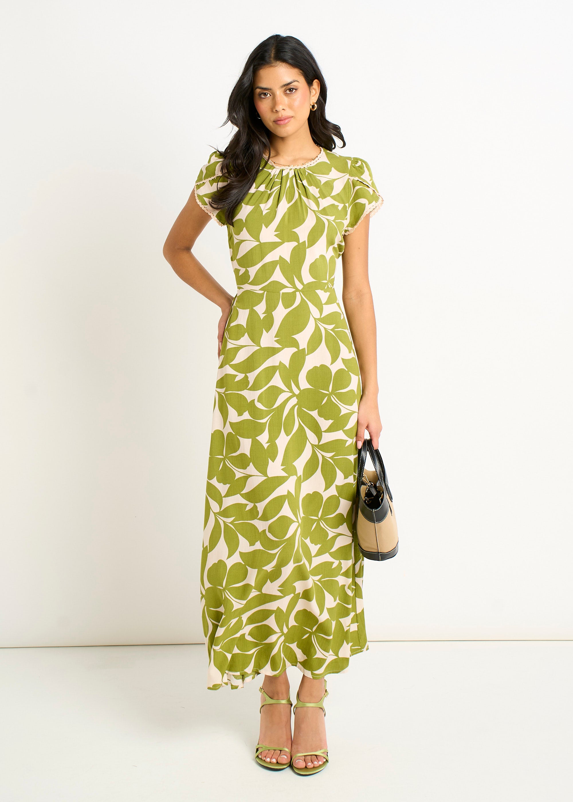 Green Petal Cuff Elasticated Waist Maxi Dress