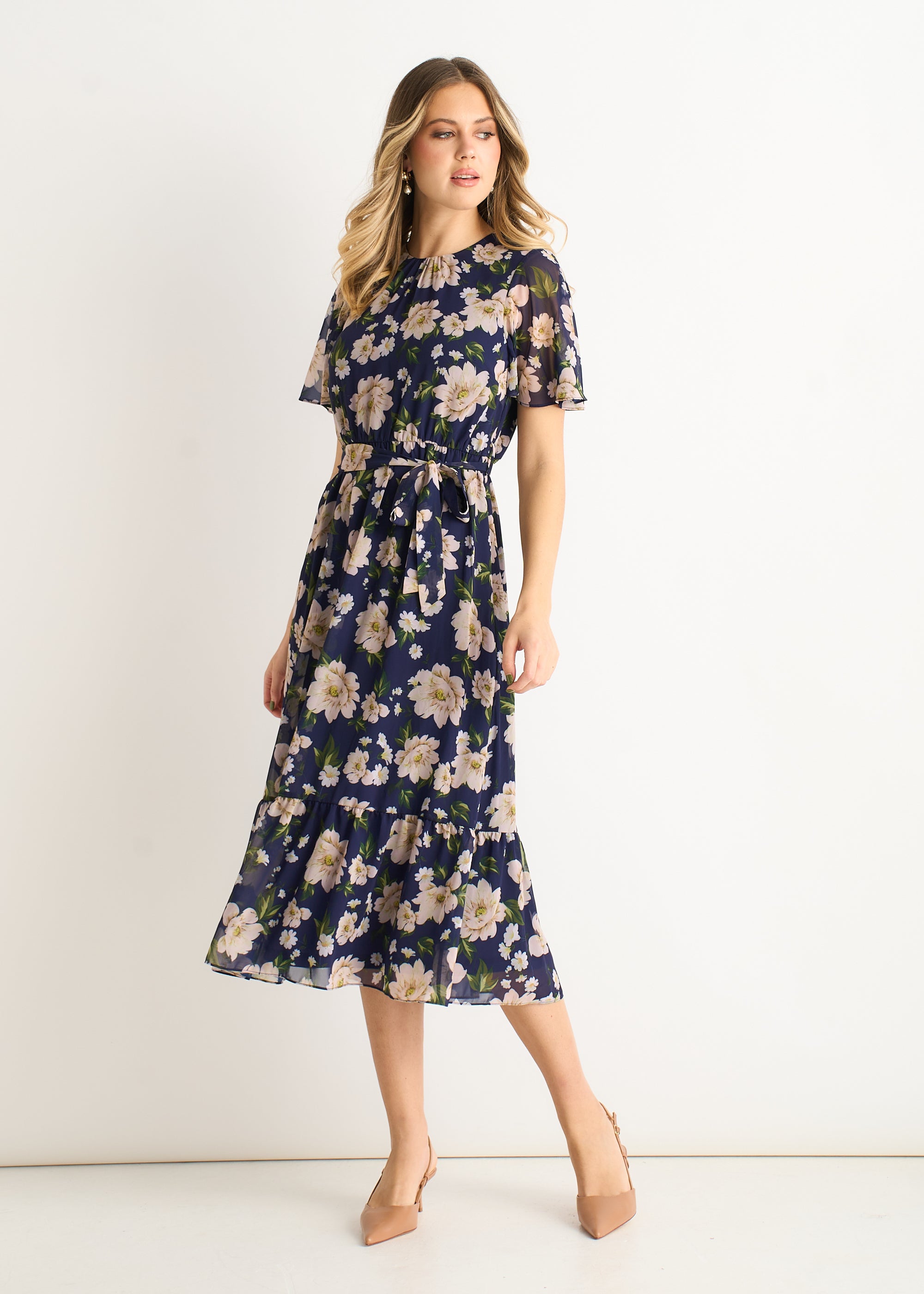 Navy Floral Print Fit & Flare Midi Dress