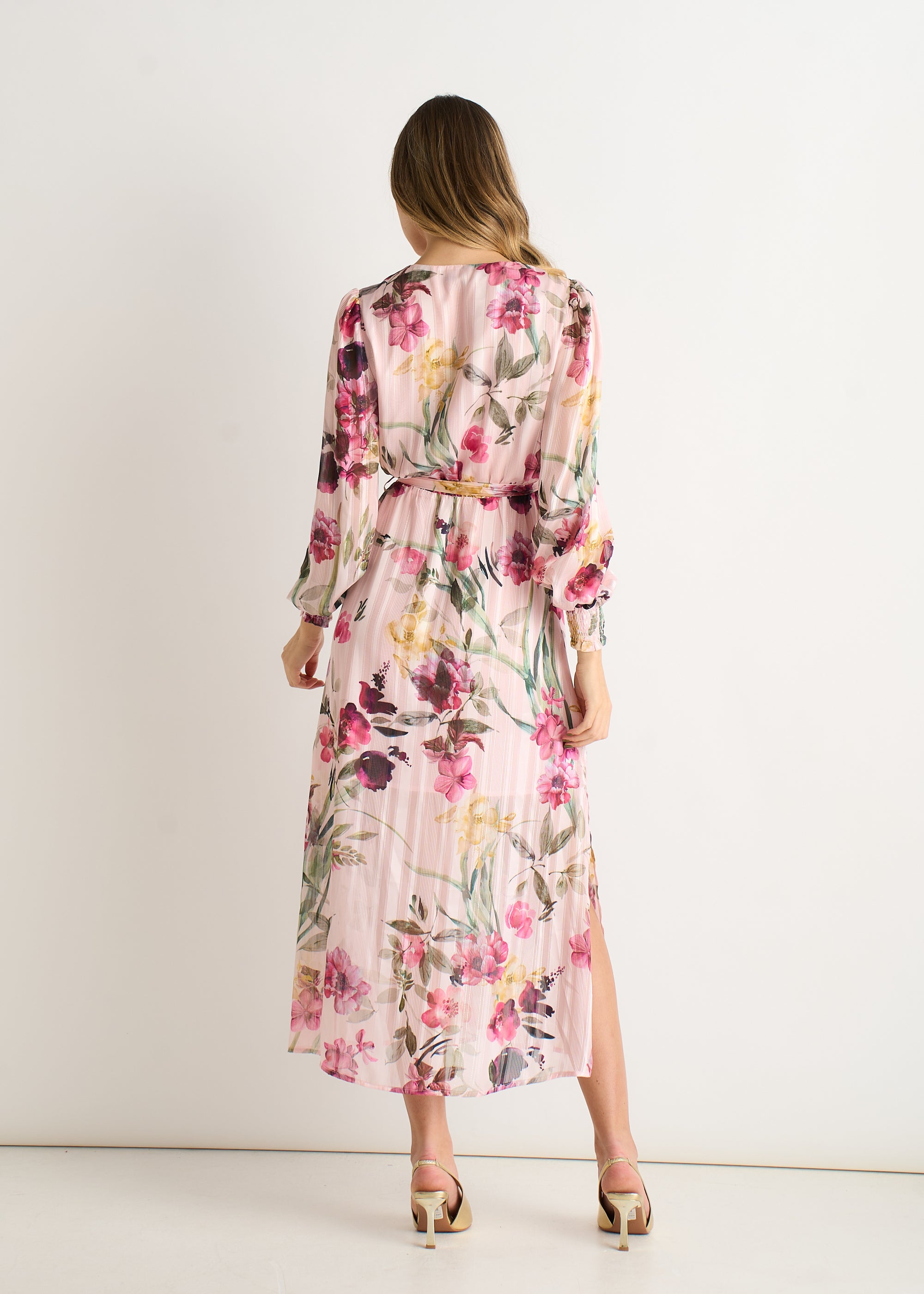 Pink Floral Print Sparkle Chiffon Wrap Midi Dress