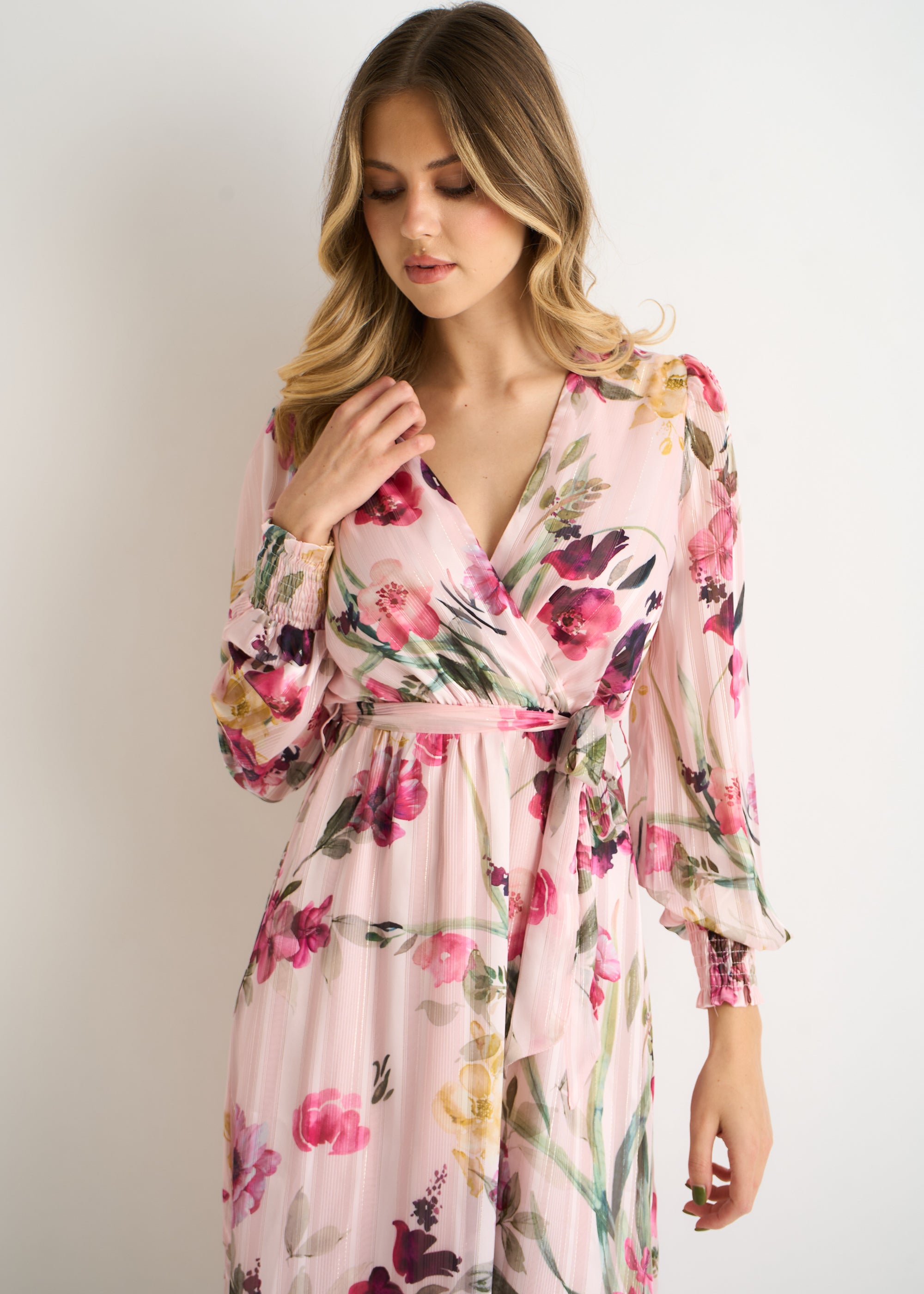 Pink Floral Print Sparkle Chiffon Wrap Midi Dress