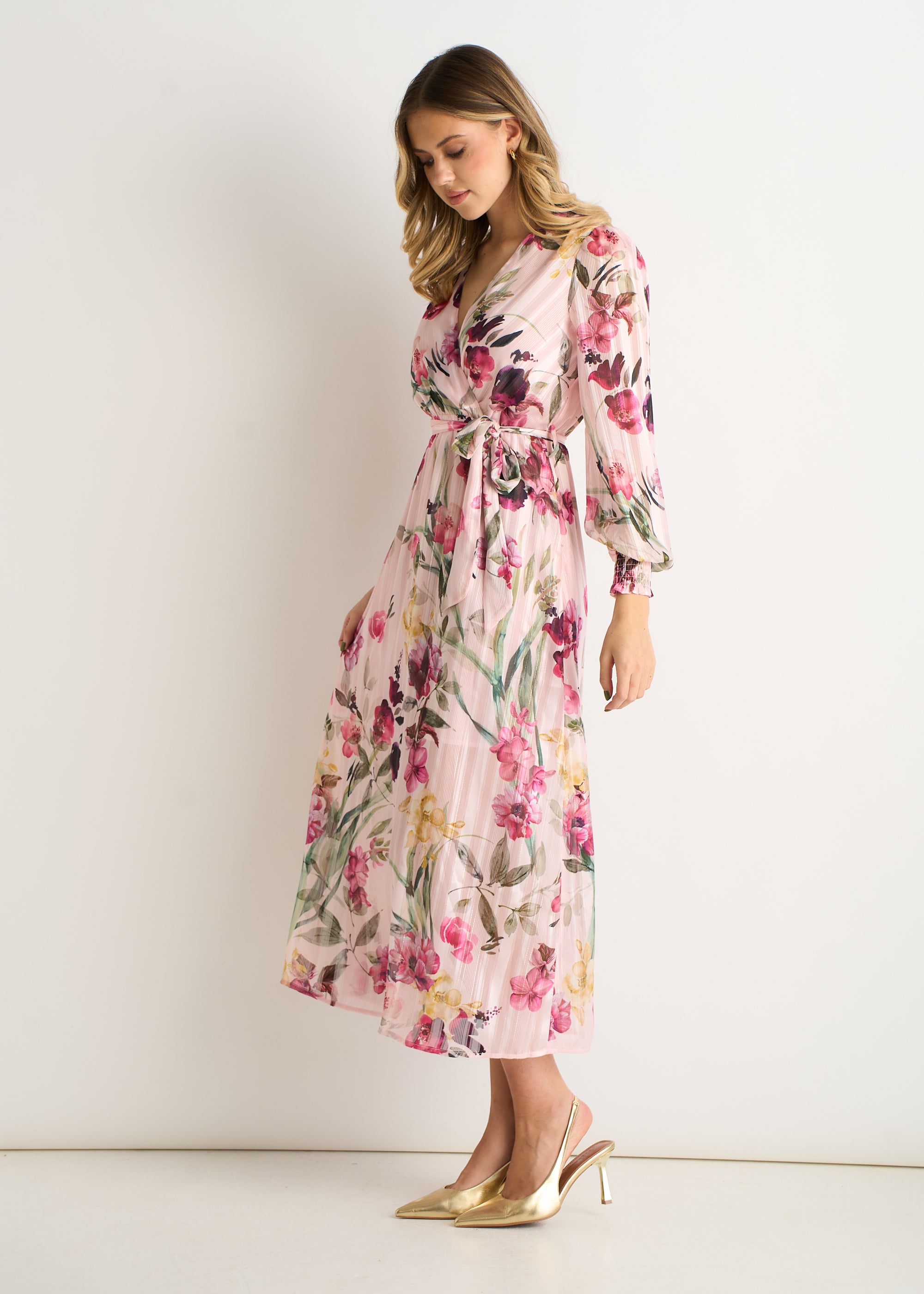 Pink Floral Print Sparkle Chiffon Wrap Midi Dress
