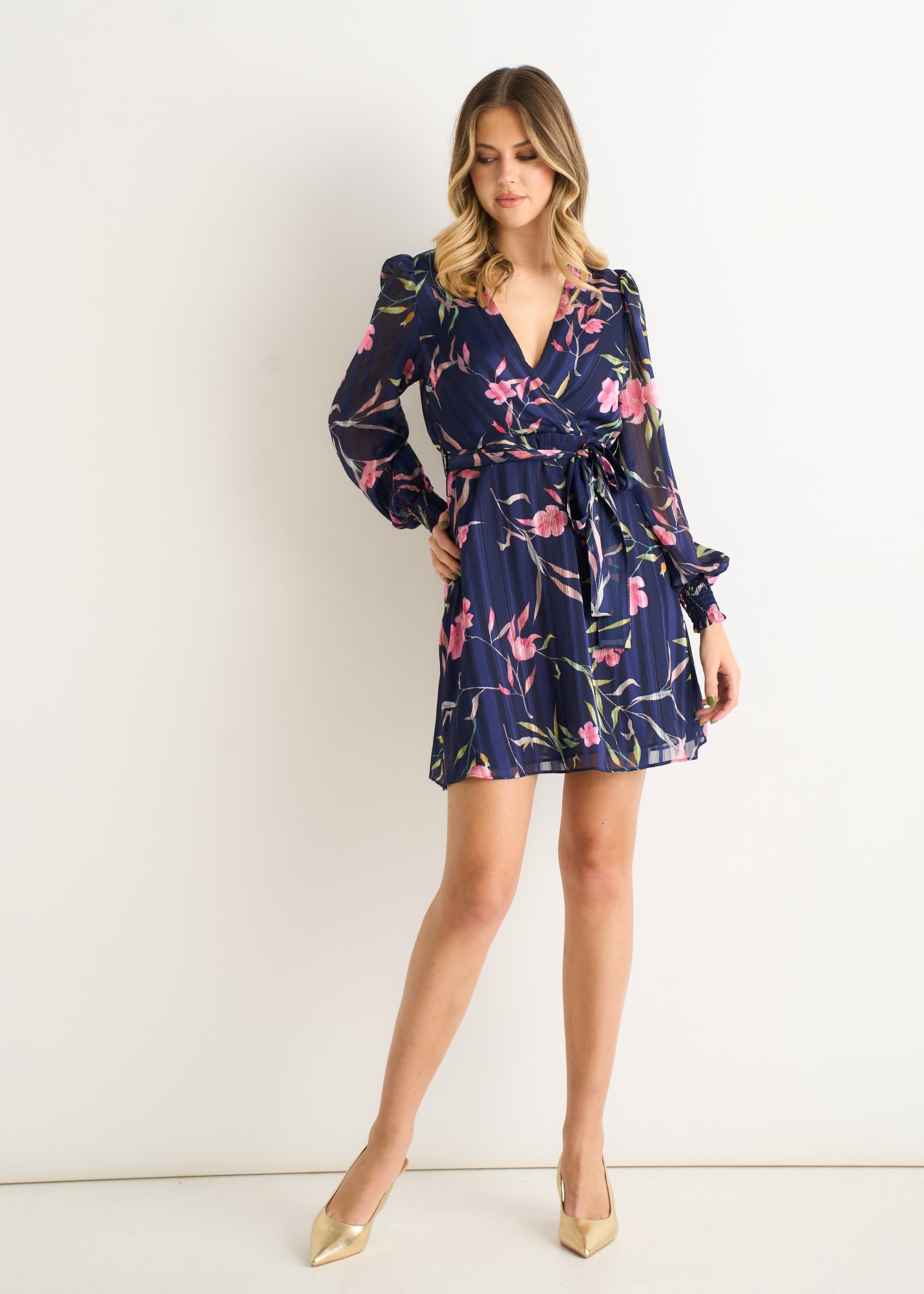 Navy Floral Print Shimmer Stripe Chiffon Wrap Mini Dress