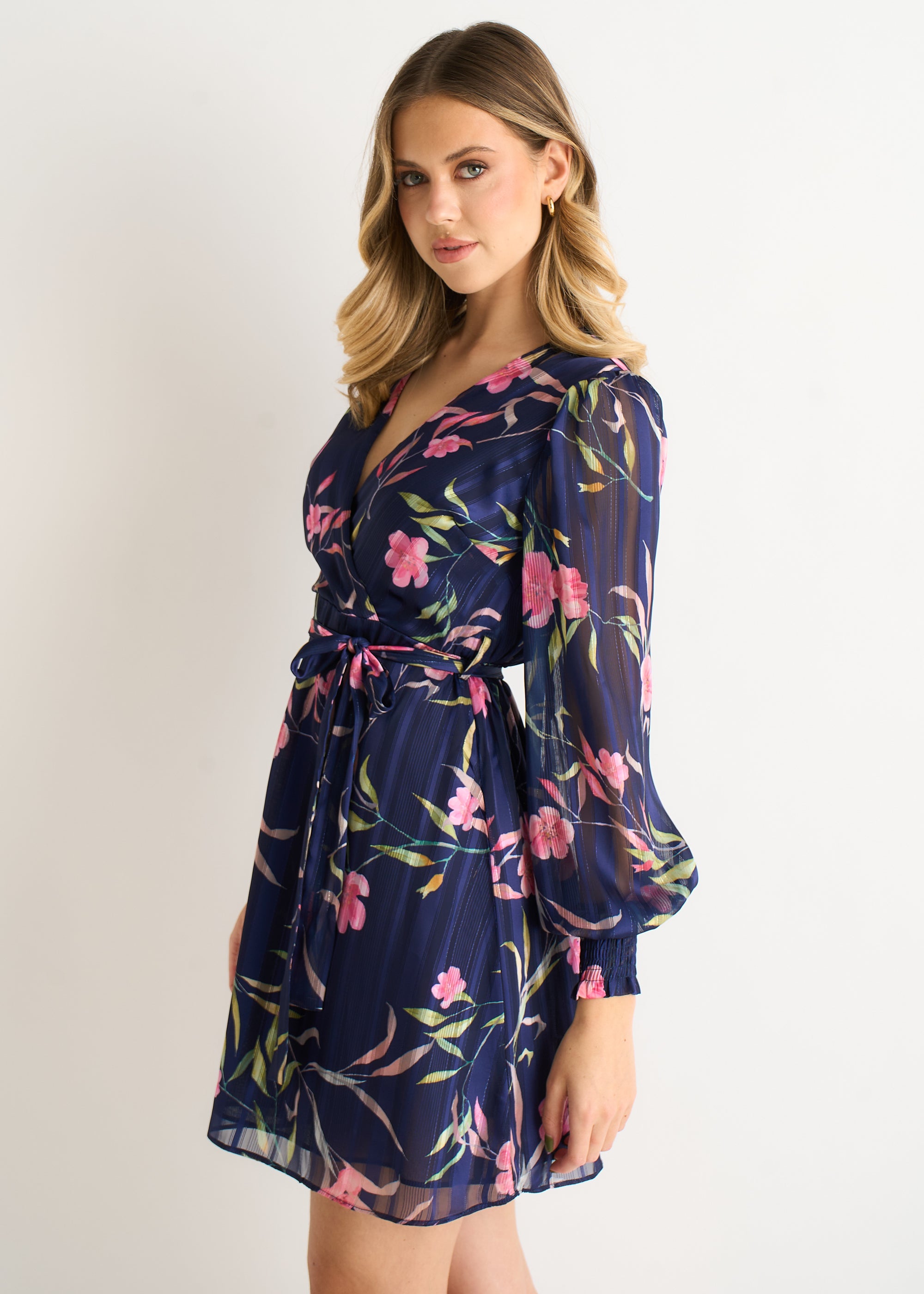 Navy Floral Print Shimmer Stripe Chiffon Wrap Mini Dress