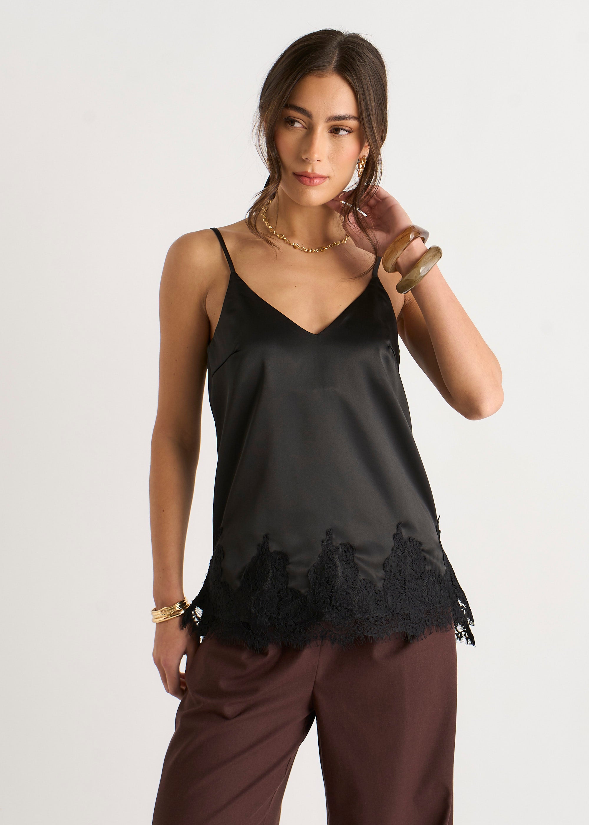 Black Lace Trim Satin Cami Top
