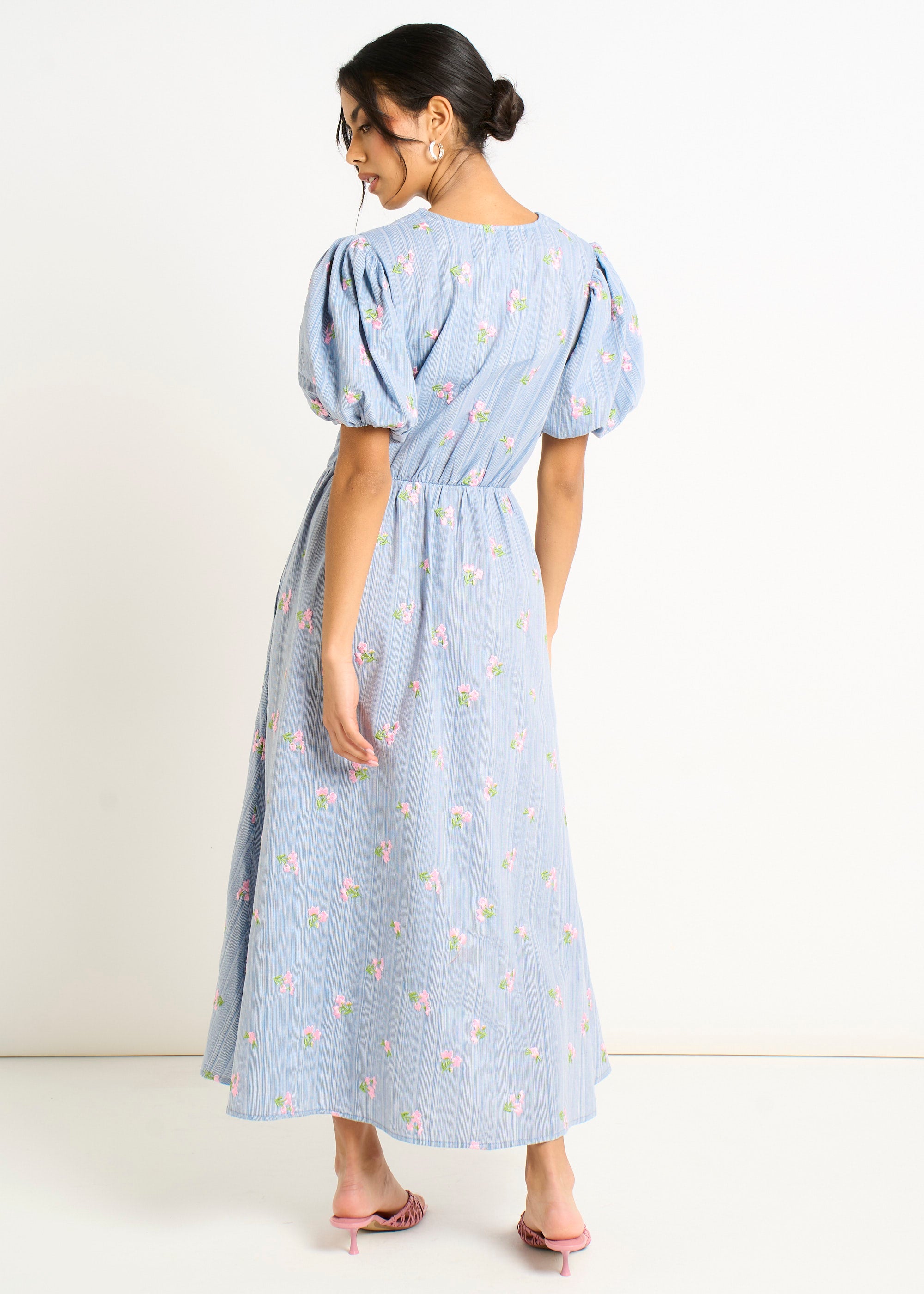 Blue Cotton Mix Tie Detail Puff Sleeves Midi Dress