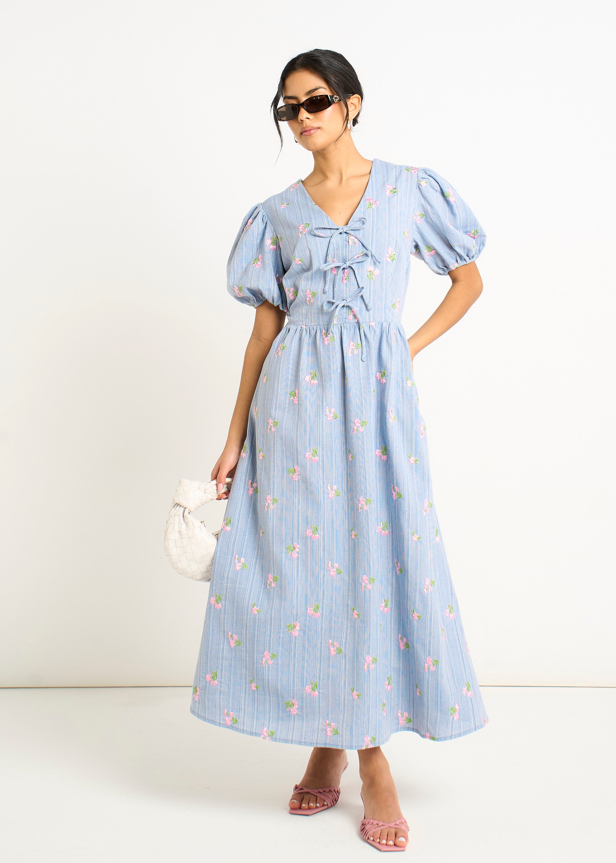 Blue Cotton Mix Tie Detail Puff Sleeves Midi Dress