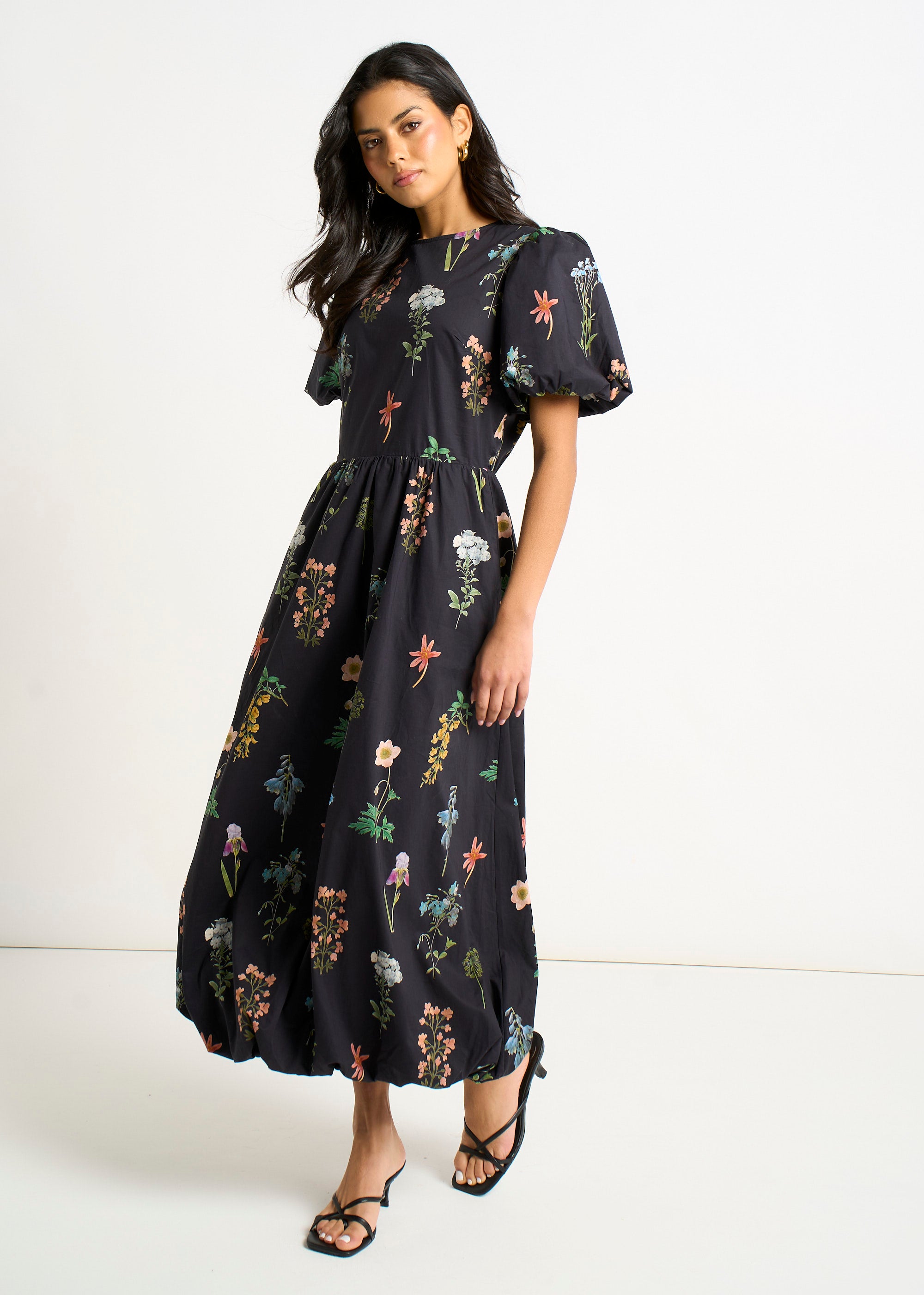 Navy Cotton Floral Print Puff Ball Midi Dress