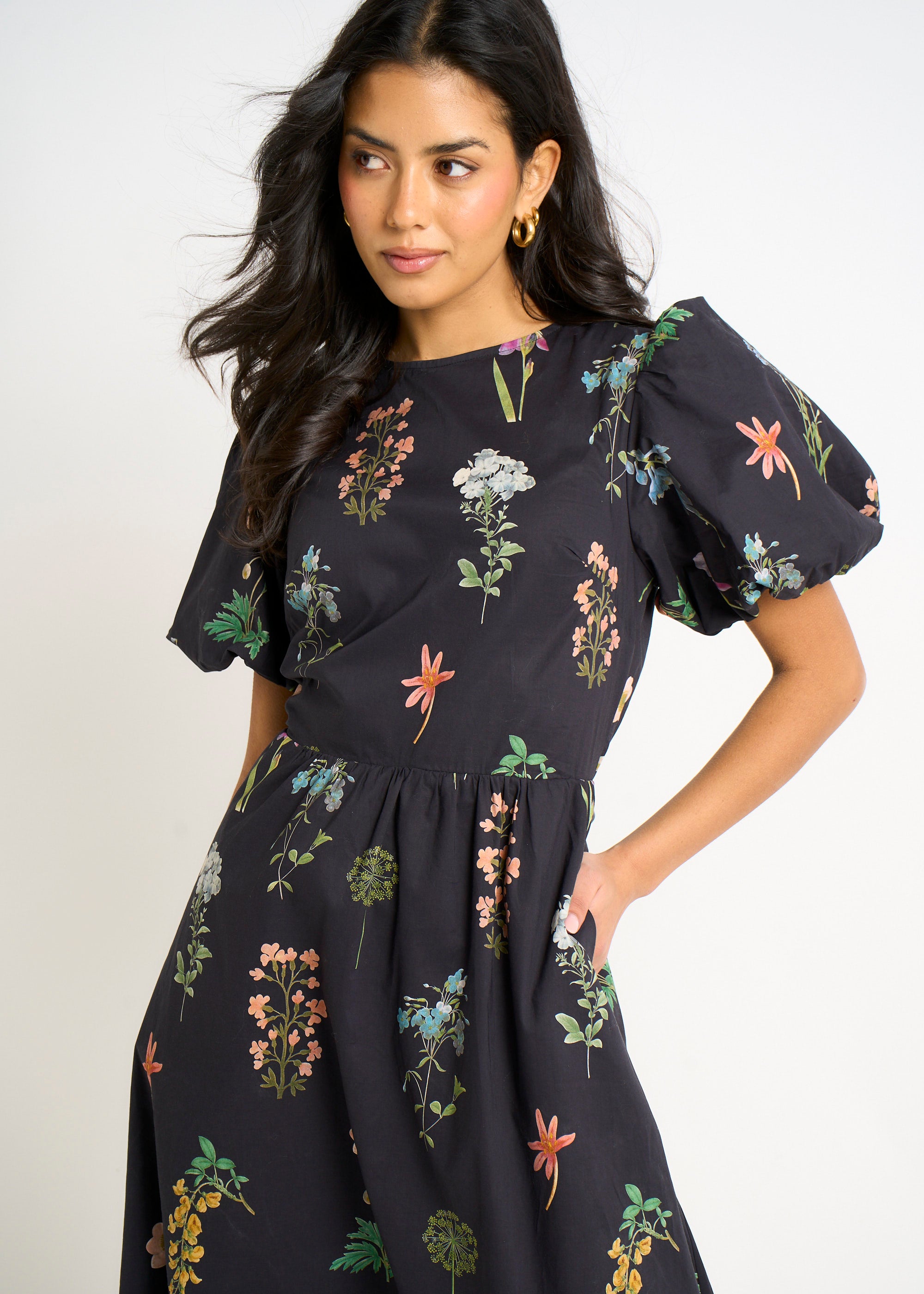 Navy Cotton Floral Print Puff Ball Midi Dress