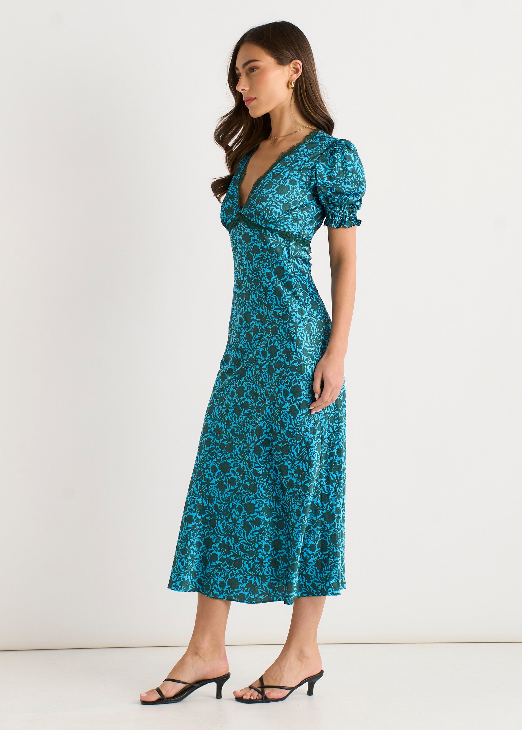 Green Floral Lace Trim V Neck Midi Dress