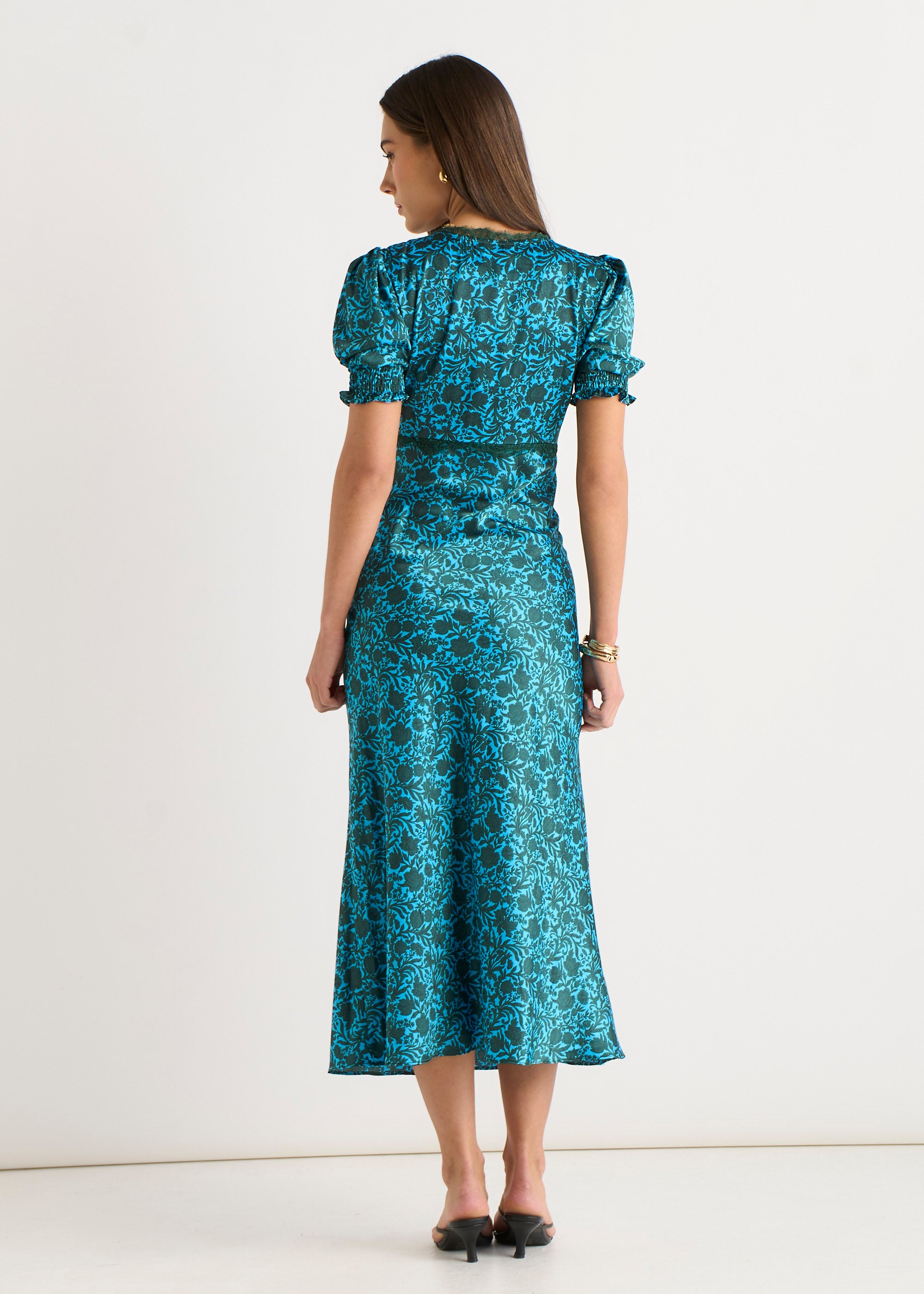Green Floral Lace Trim V Neck Midi Dress