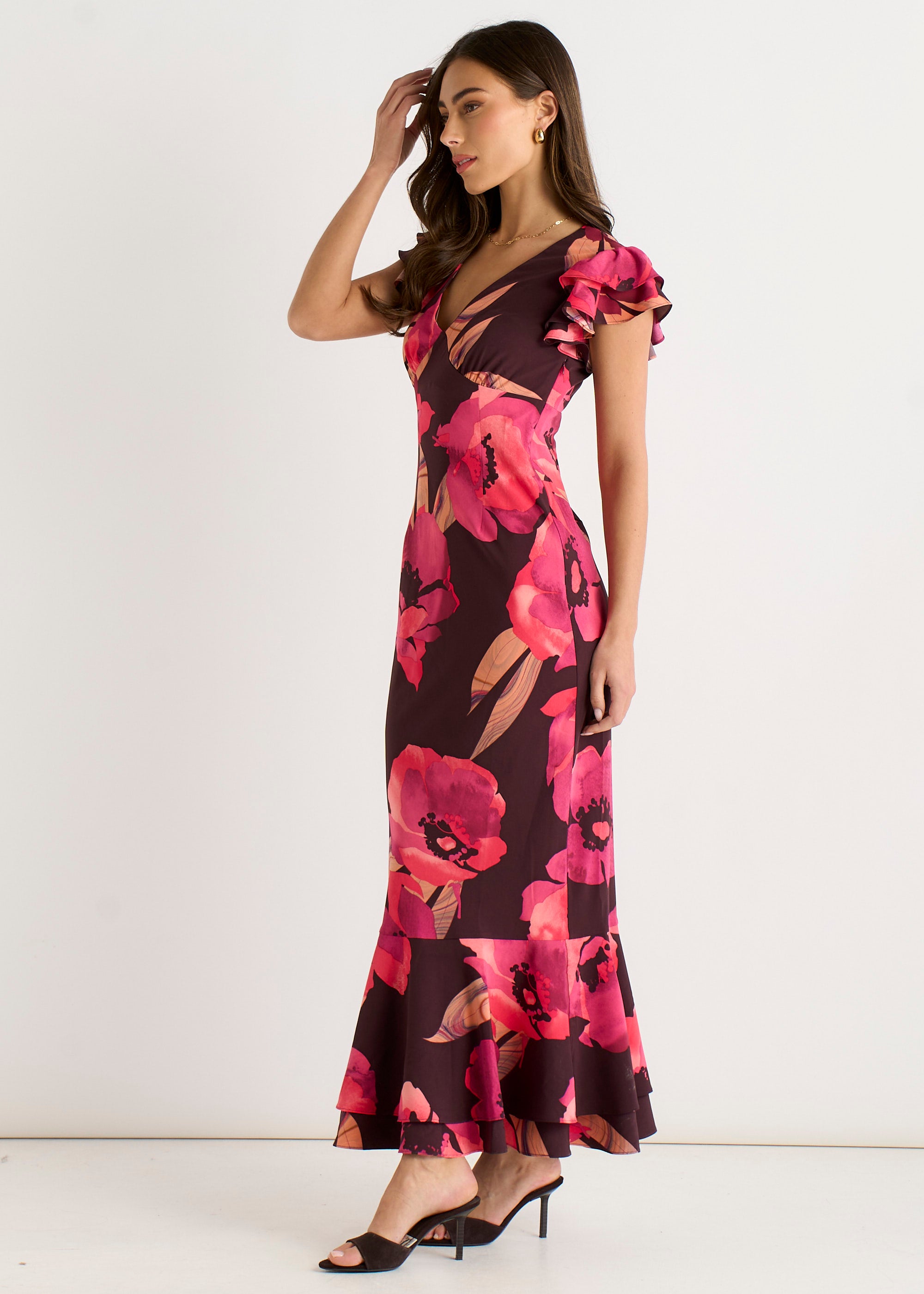 Brown Ruffle Sleeve Floral Maxi Dress