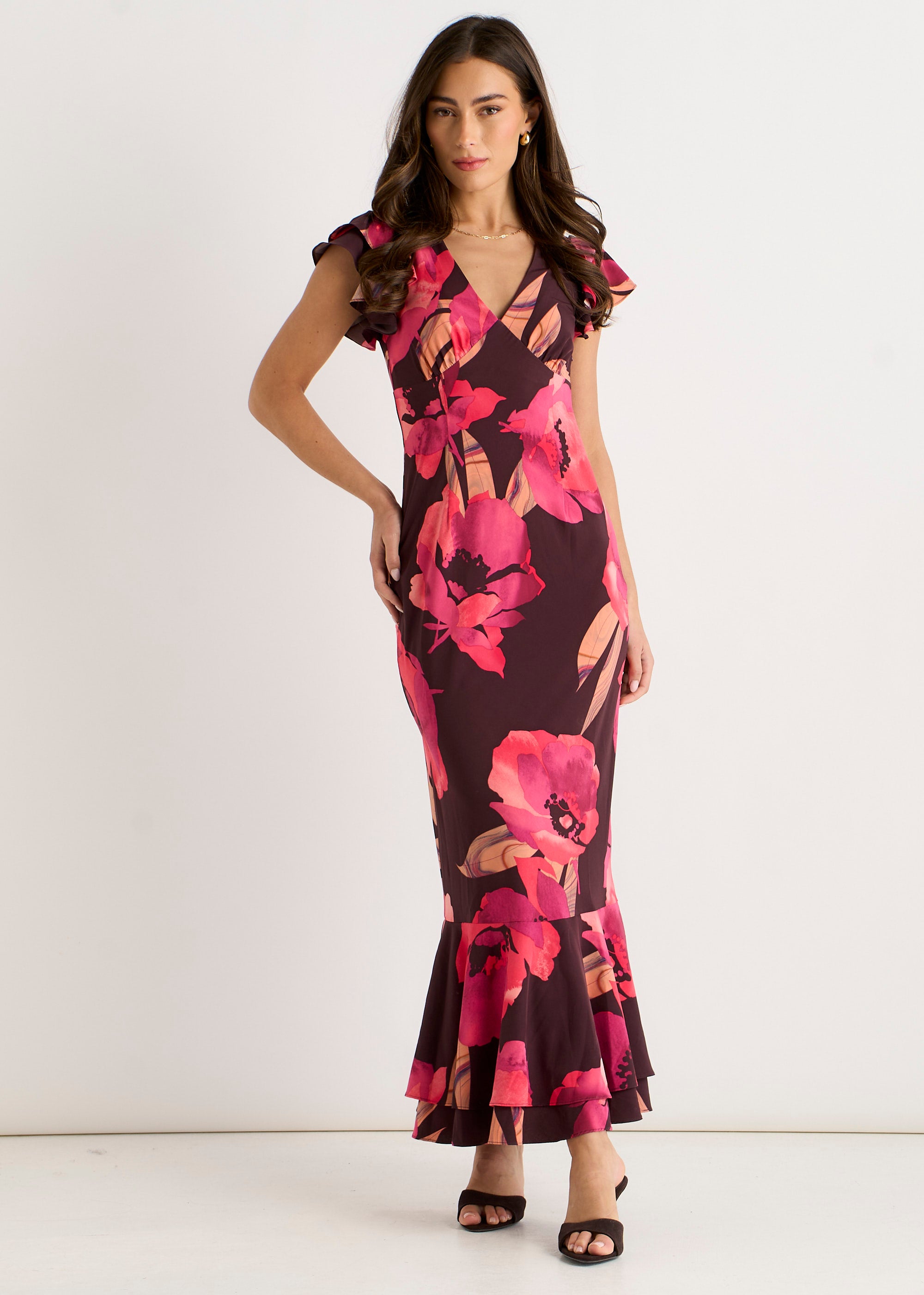 Brown Ruffle Sleeve Floral Maxi Dress