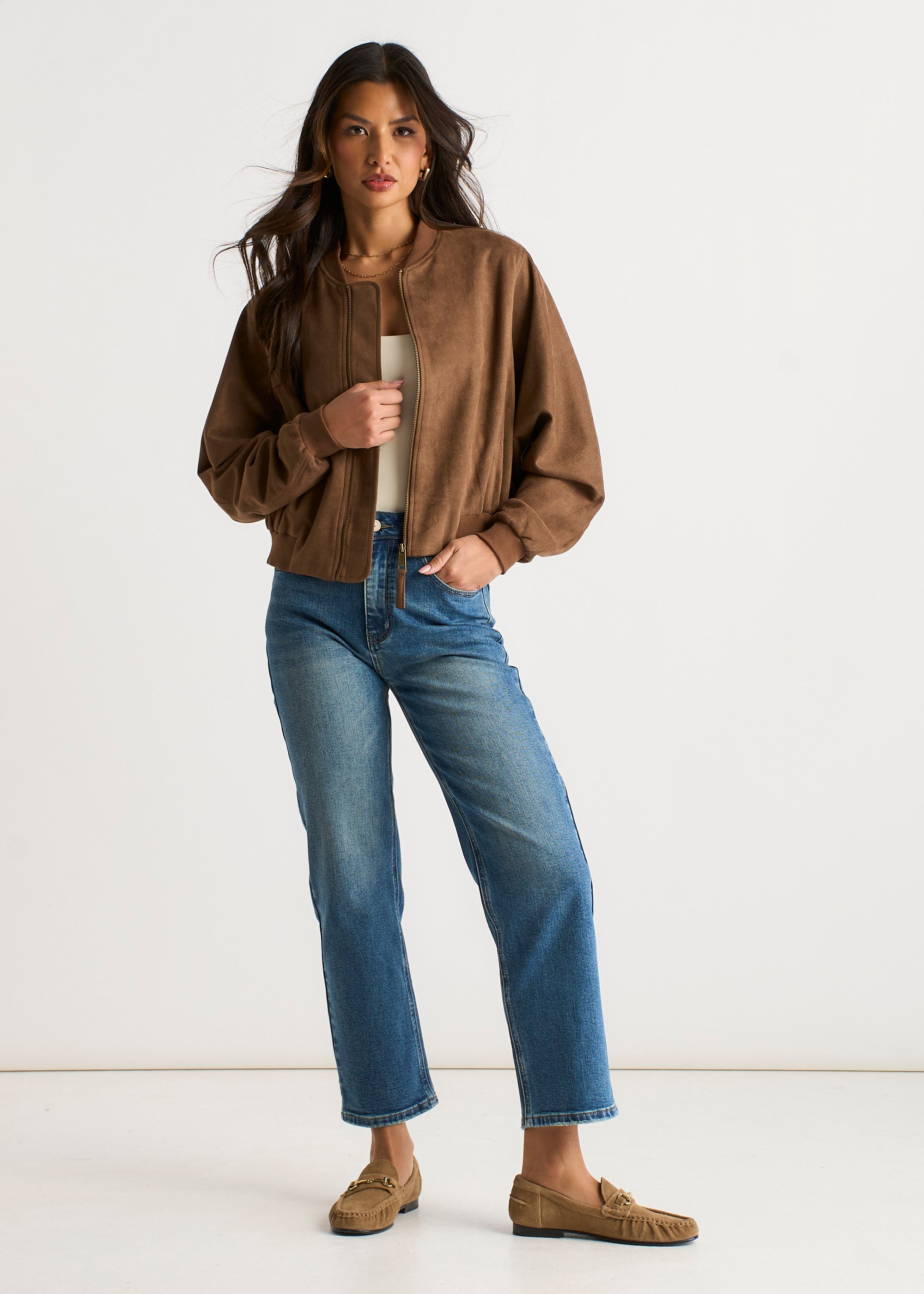 Brown Faux Suede Puff Ball Jacket