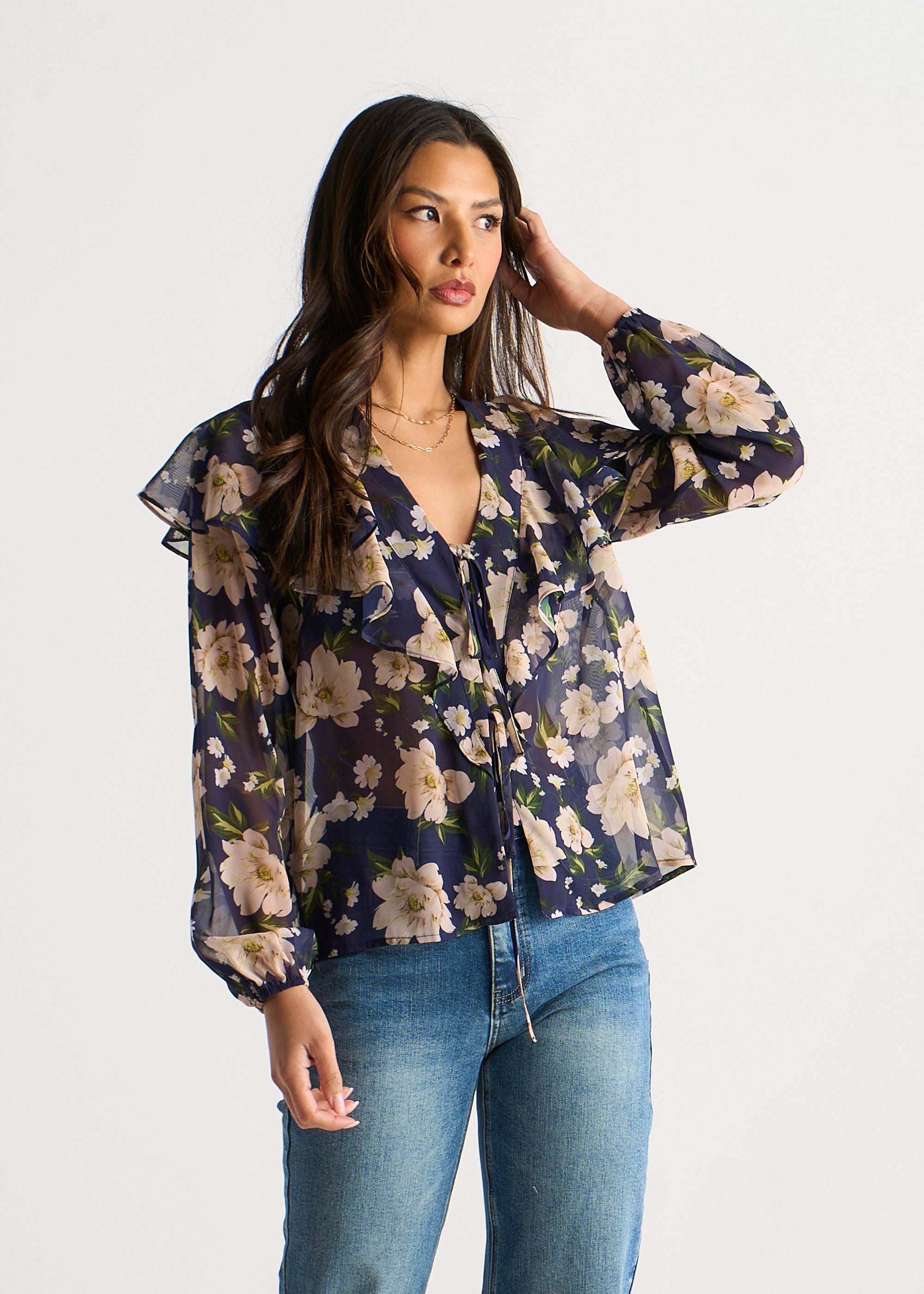 Navy Floral Ruffle Front Blouse