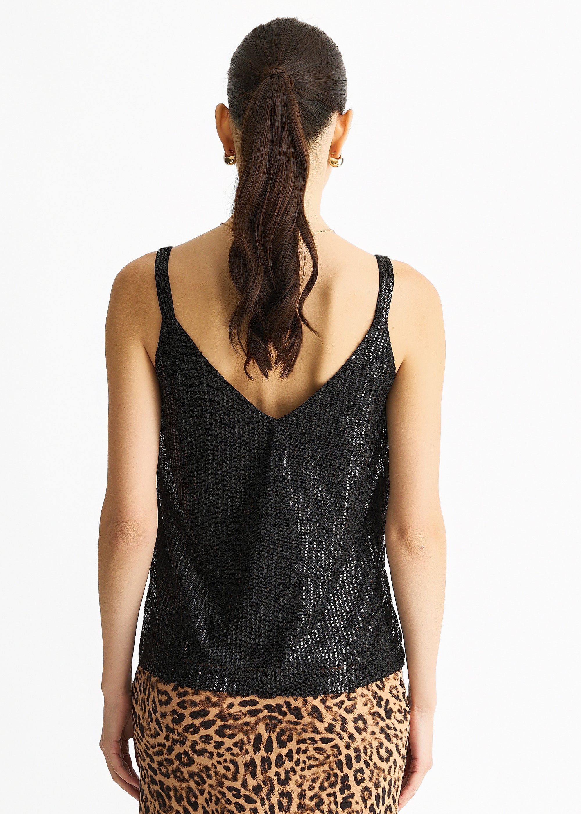 Black Sequin V Neck Cami Top