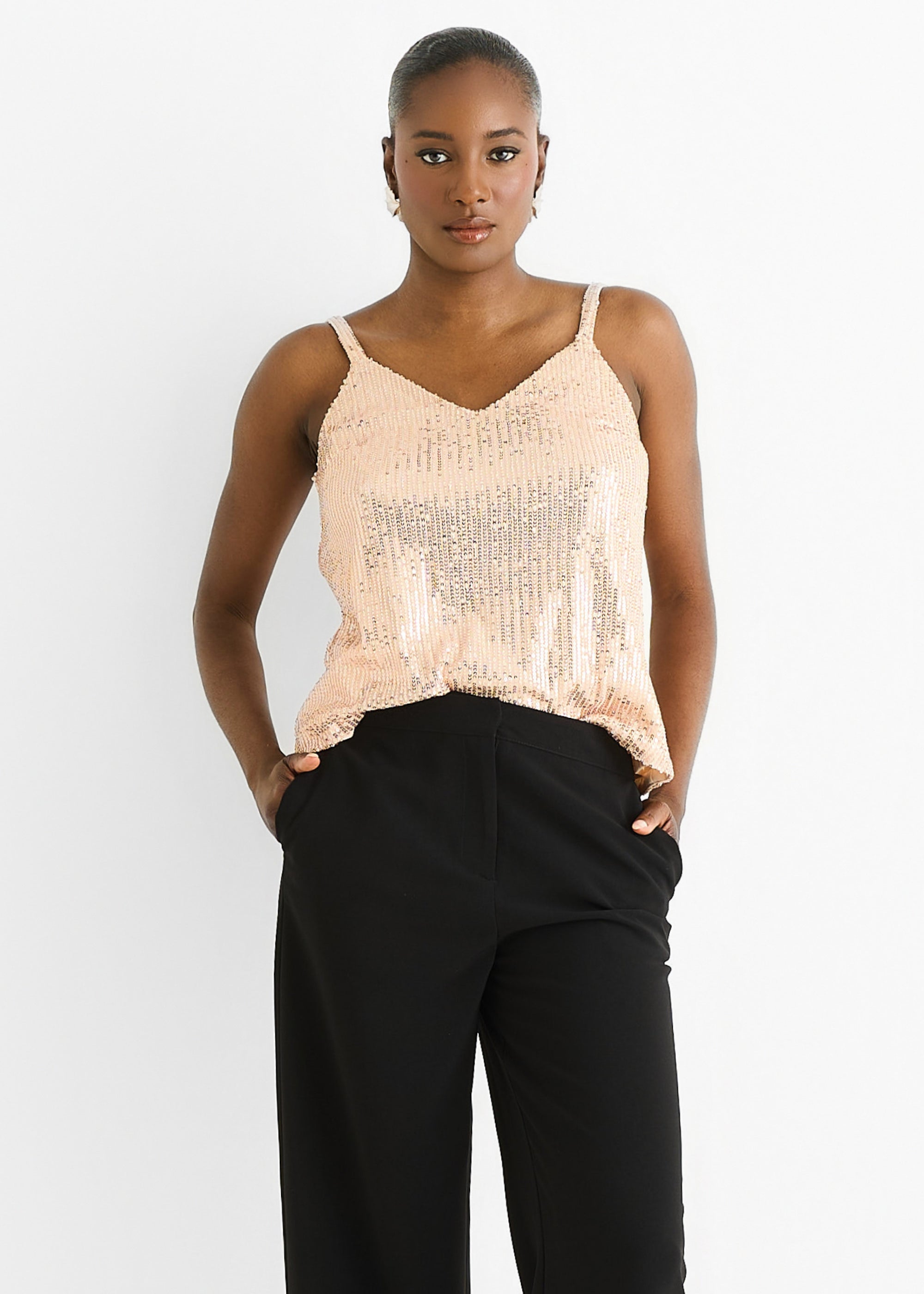 Champagne Sequin V Neck Cami Top