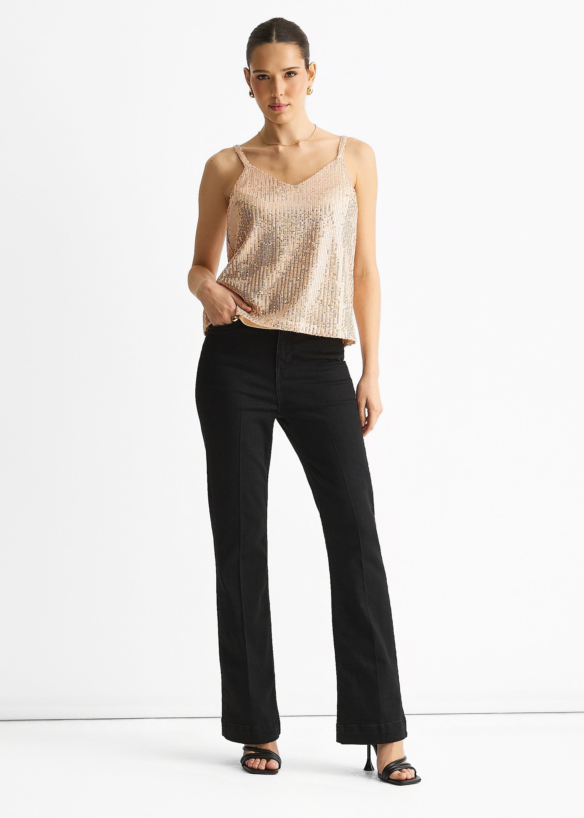 Champagne Sequin V Neck Cami Top