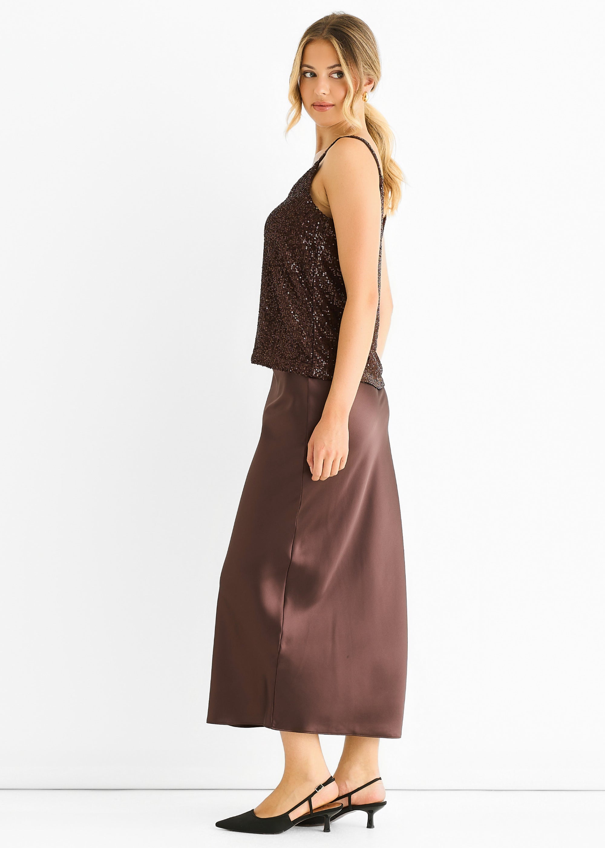 Chocolate Sequin V Neck Cami Top