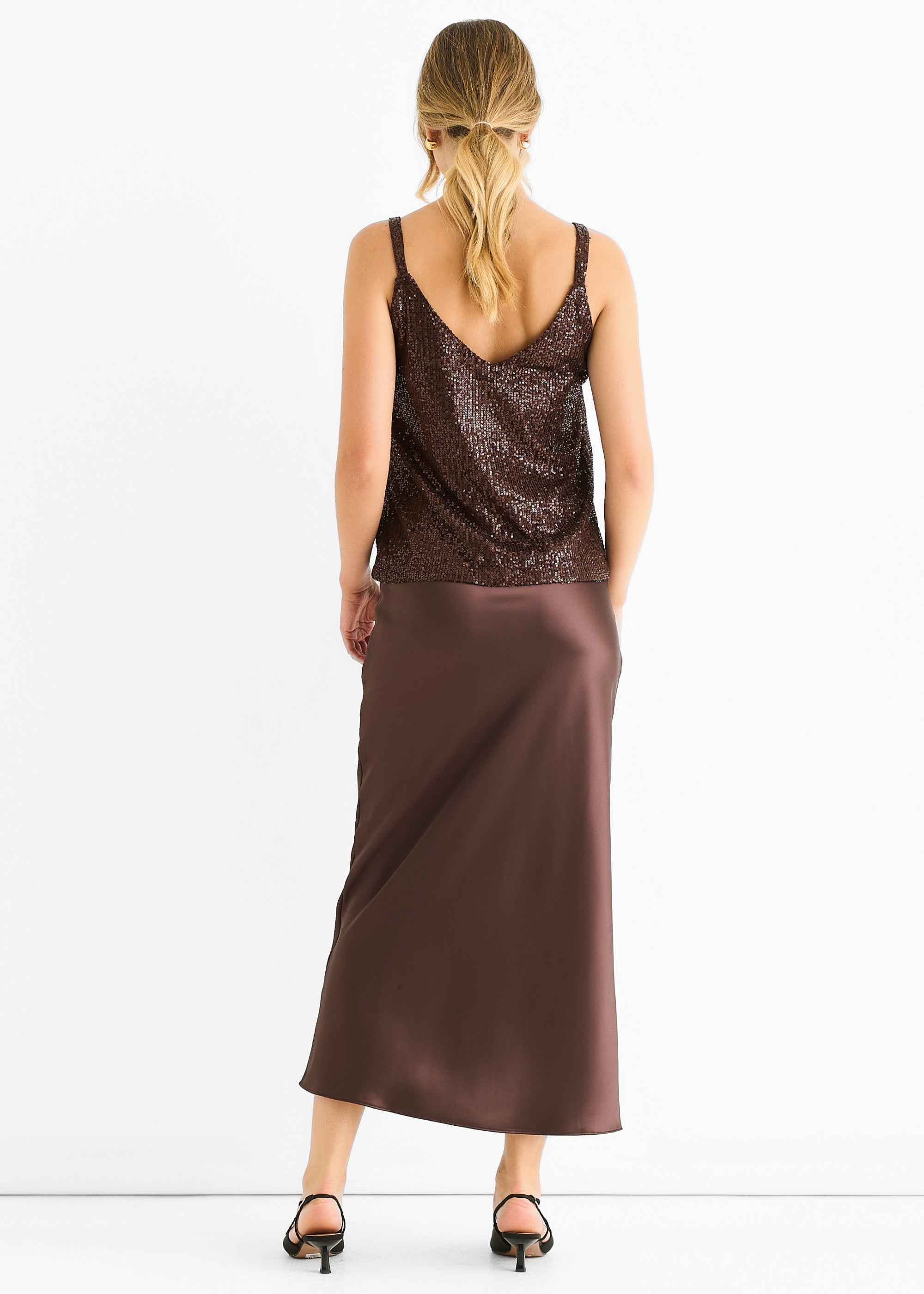 Chocolate Sequin V Neck Cami Top