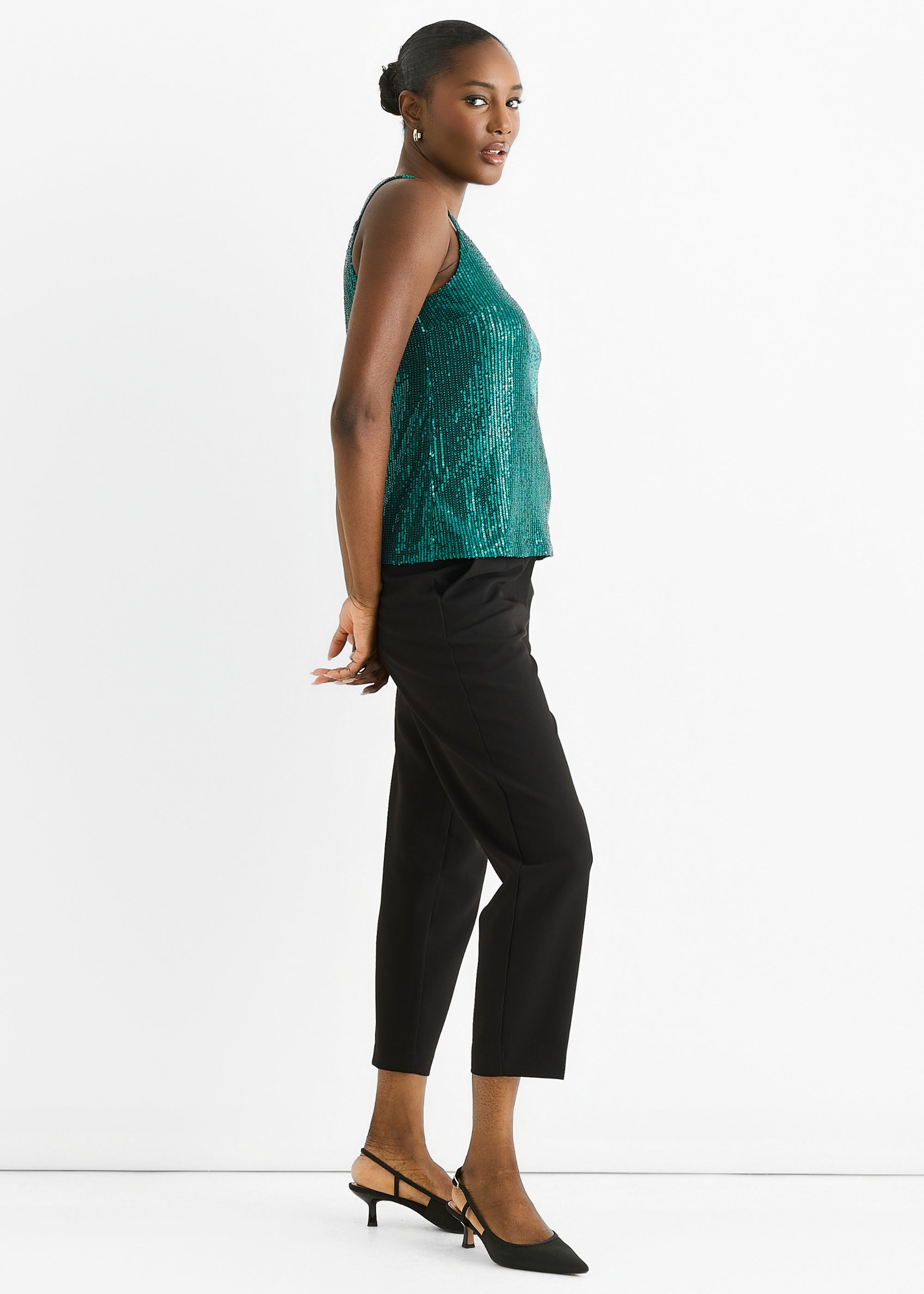 Green Sequin V Neck Cami Top