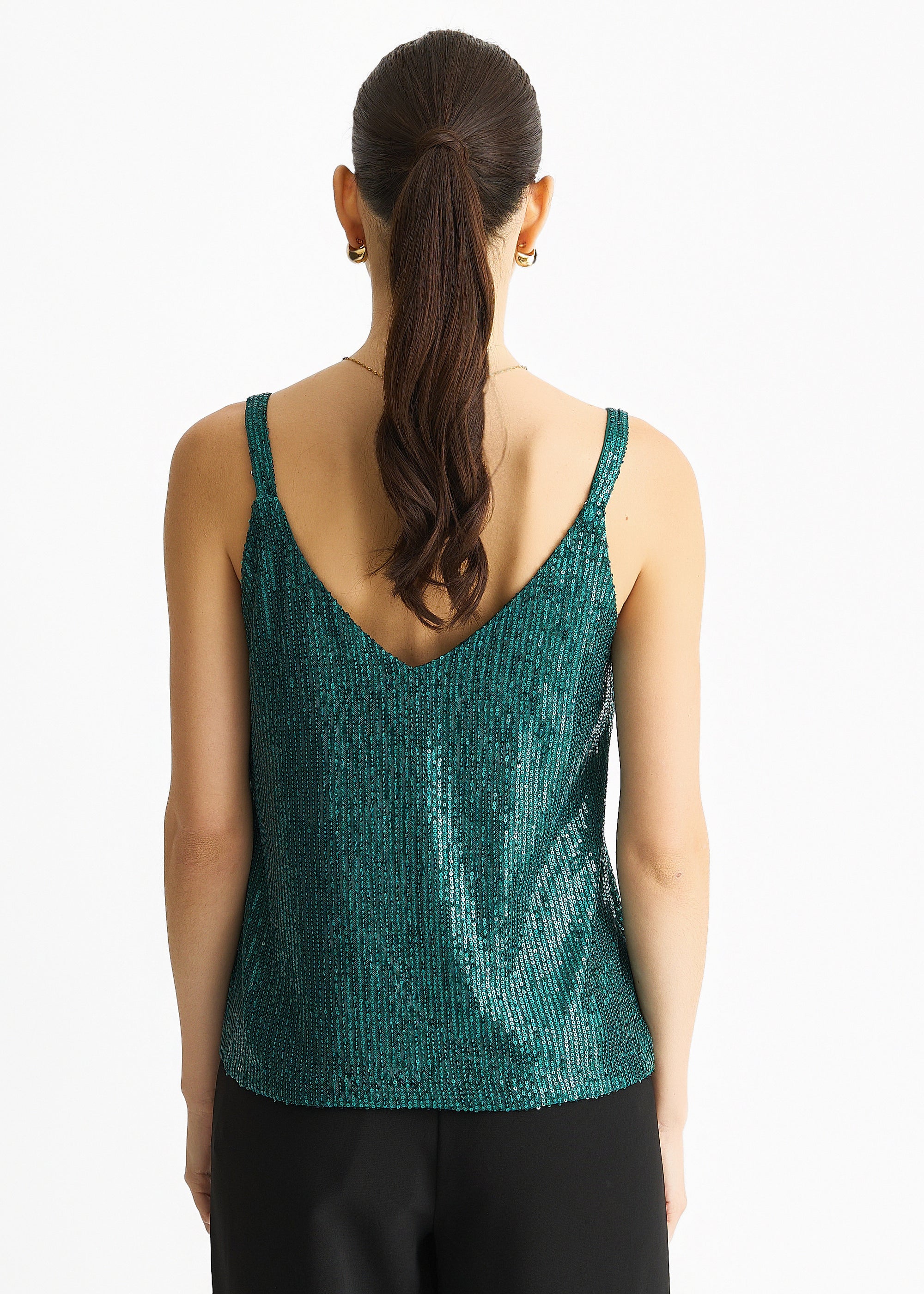 Green Sequin V Neck Cami Top