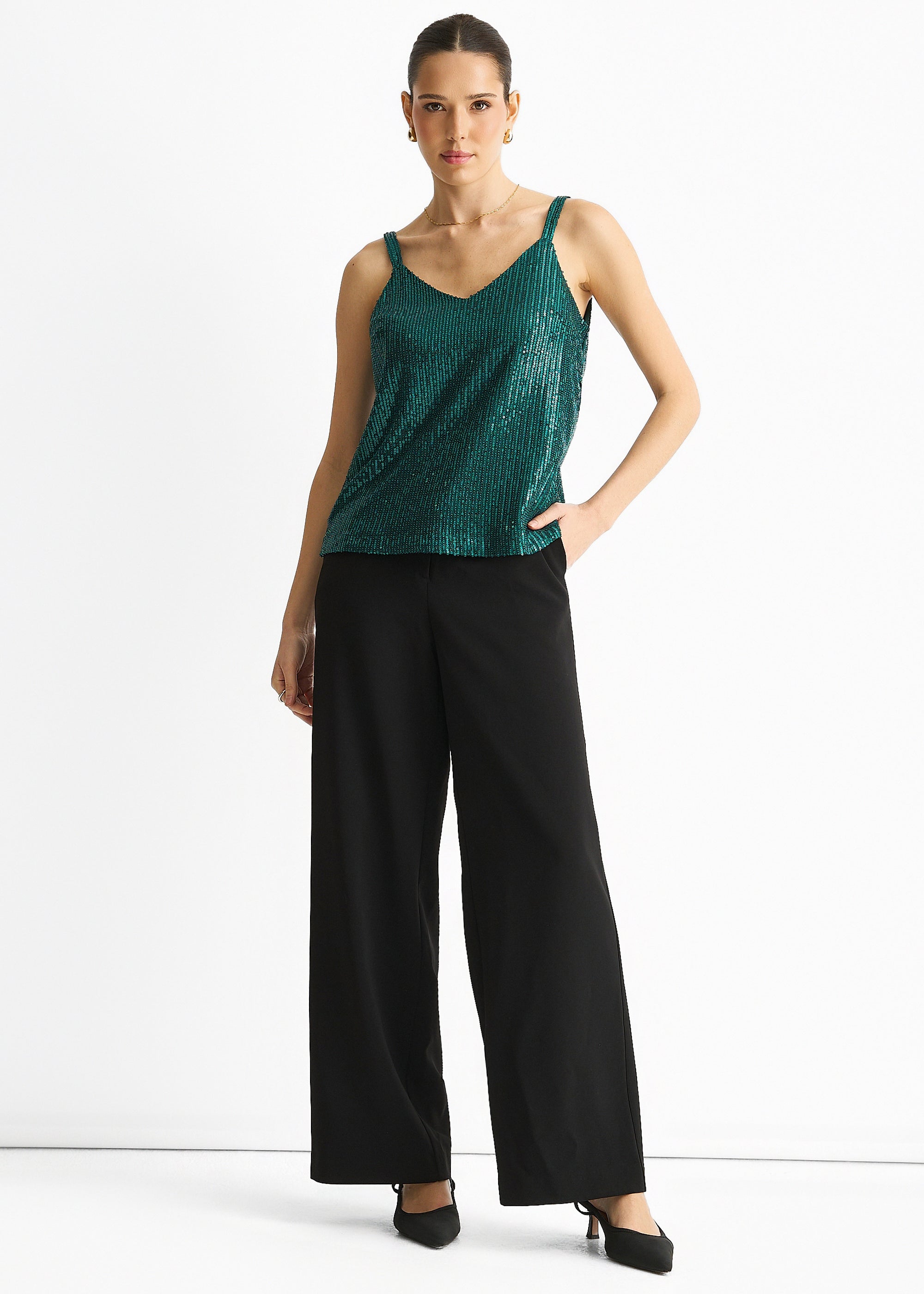 Green Sequin V Neck Cami Top