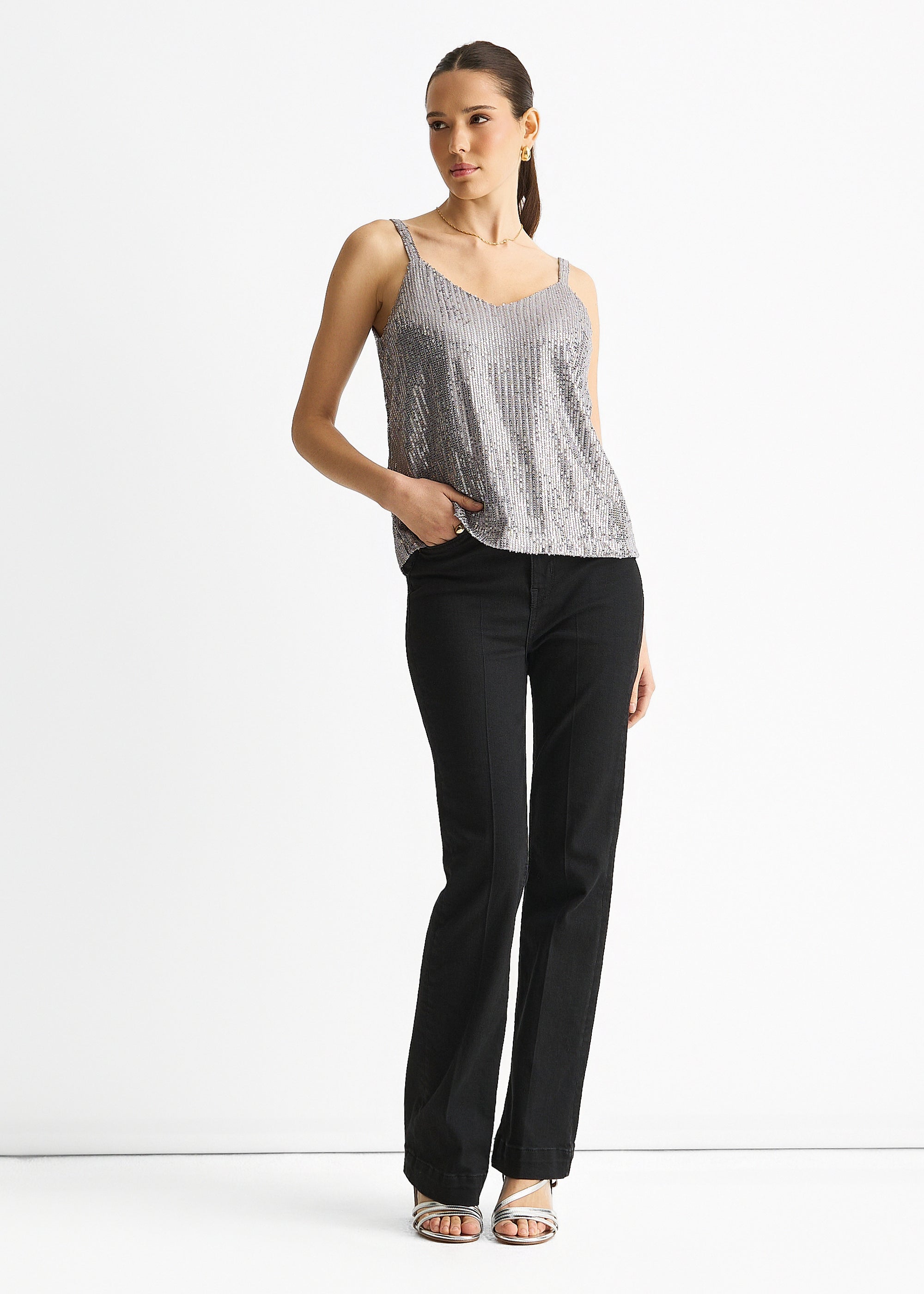 Silver Sequin V Neck Cami Top